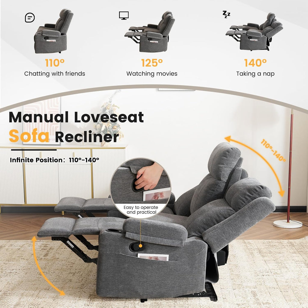 Loveseat Recliner Sofa,RV Loveseat Reclining Couch with Drop Down Table/ 4 Cup Holder/Hidden Storage, Wall Hugger Recliner Sofa for Living Room & Home Theater & RV