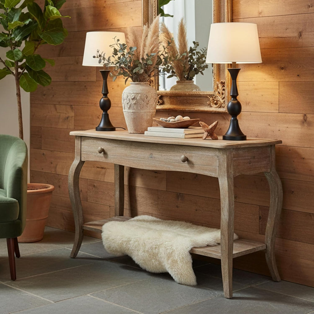 Austerity Rustic Console Table, 42 Inch with Curved Legs, Scalloped Edges, and Lower Shelf in Driftwood Finish - Natural and White Textured Antique Look Home Décor by Alaterre Furniture