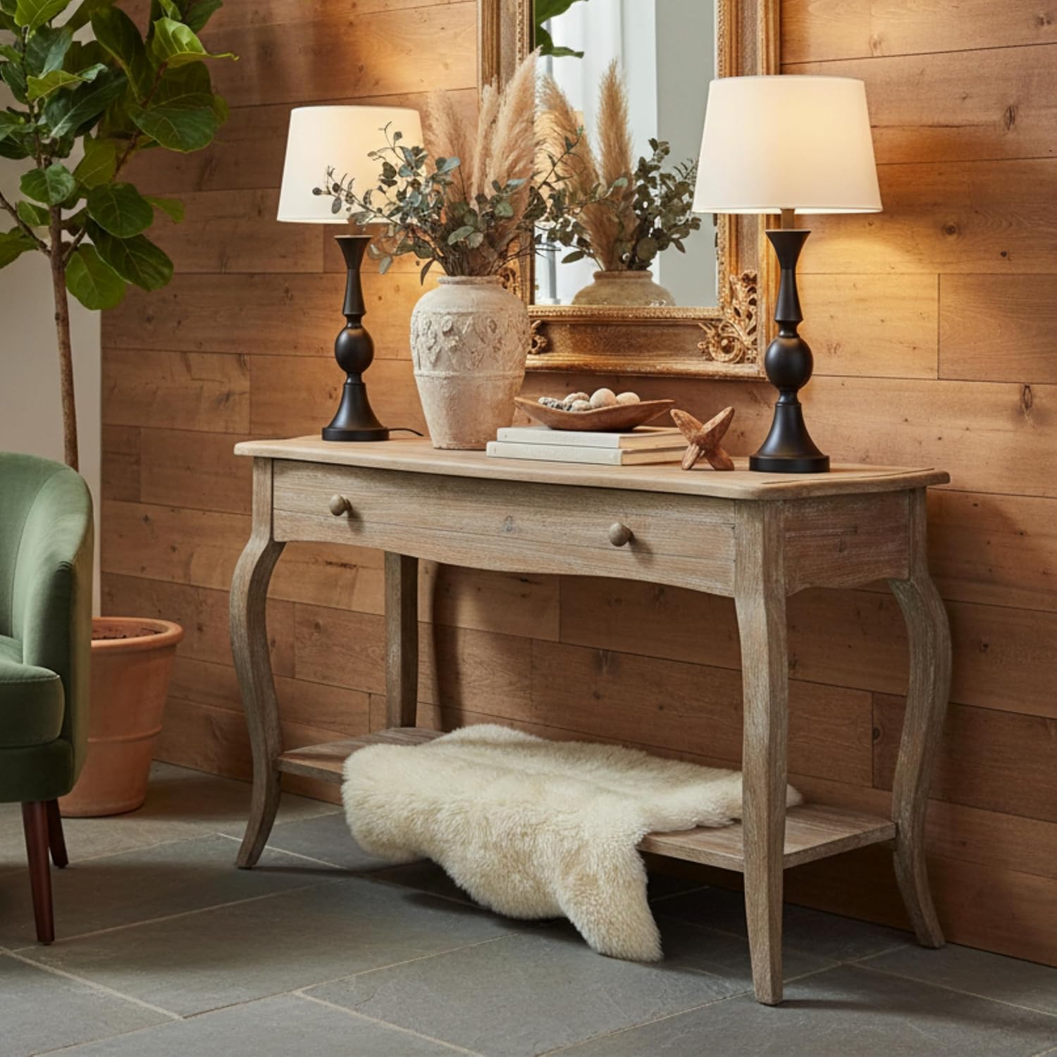 Austerity Rustic Console Table, 42 Inch with Curved Legs, Scalloped Edges, and Lower Shelf in Driftwood Finish - Natural and White Textured Antique Look Home Décor by Alaterre Furniture