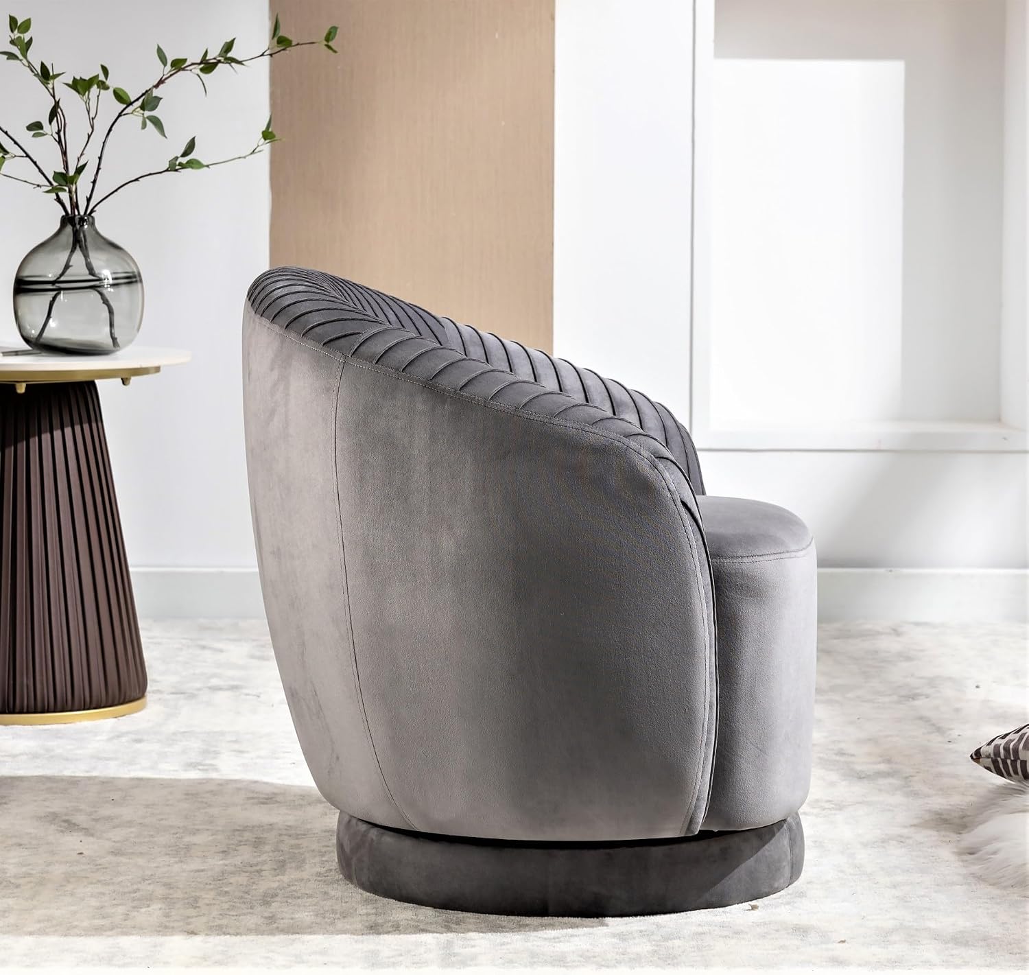 Container Furniture Direct Modern Barrel Swivel Chair with Plush Velvet Upholstery and Smooth 360° Rotation, Round Accent One-Seater Sofa for Living Room, Bedroom, and Office, Grey