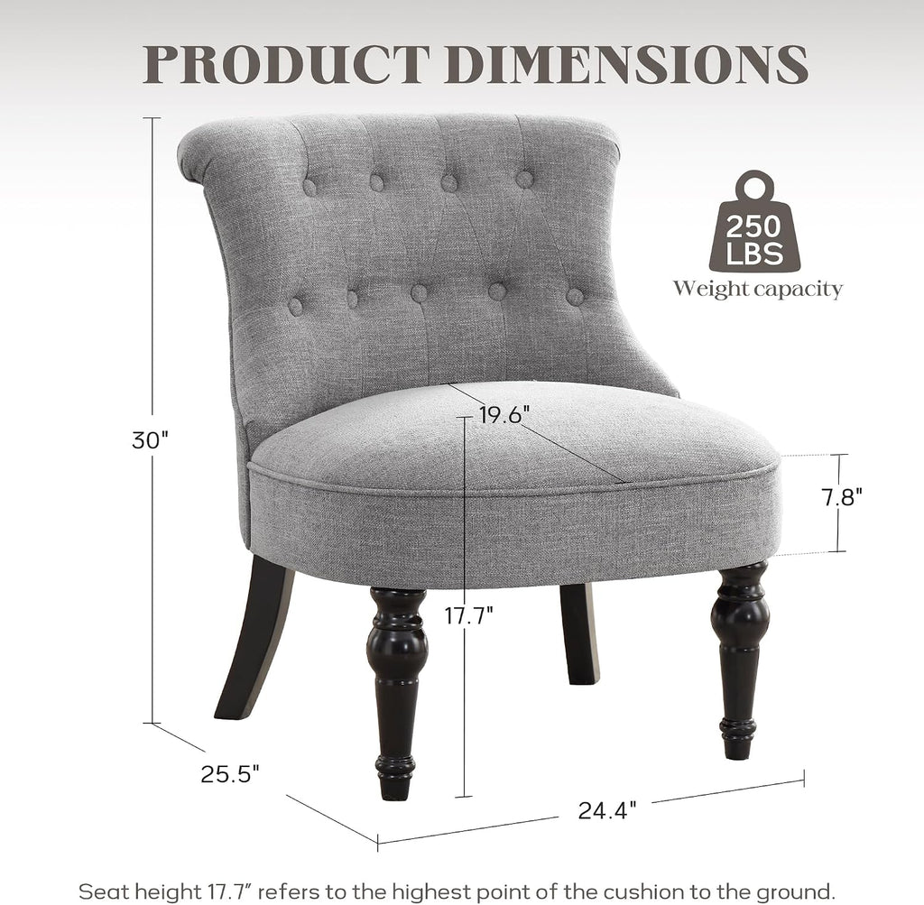 Zihanhome Armless Accent Chair, Living Room Chairs with Wooden Legs, Comfy Tufted Bedroom Chair, Upholstered Chair for Reading Rooms, Reception, Apartments and Dormitories (Grey)