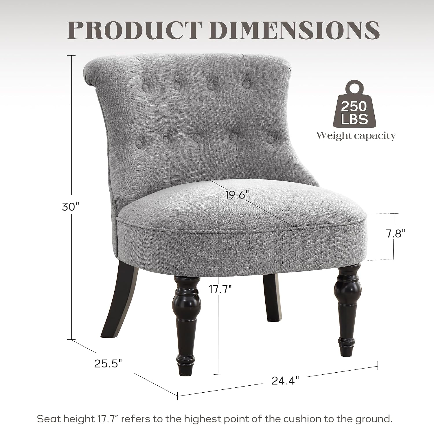 Zihanhome Armless Accent Chair, Living Room Chairs with Wooden Legs, Comfy Tufted Bedroom Chair, Upholstered Chair for Reading Rooms, Reception, Apartments and Dormitories (Grey)