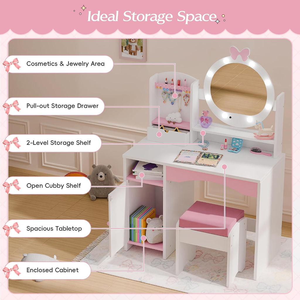 TOLEAD Kids Vanity, Girls Vanity Set with Mirror and Stool and Lights, Toddler Vanity Table and Chair Set with Jewelry Storage, Wooden Princess Makeup Desk Dressing Table for Girls (White)
