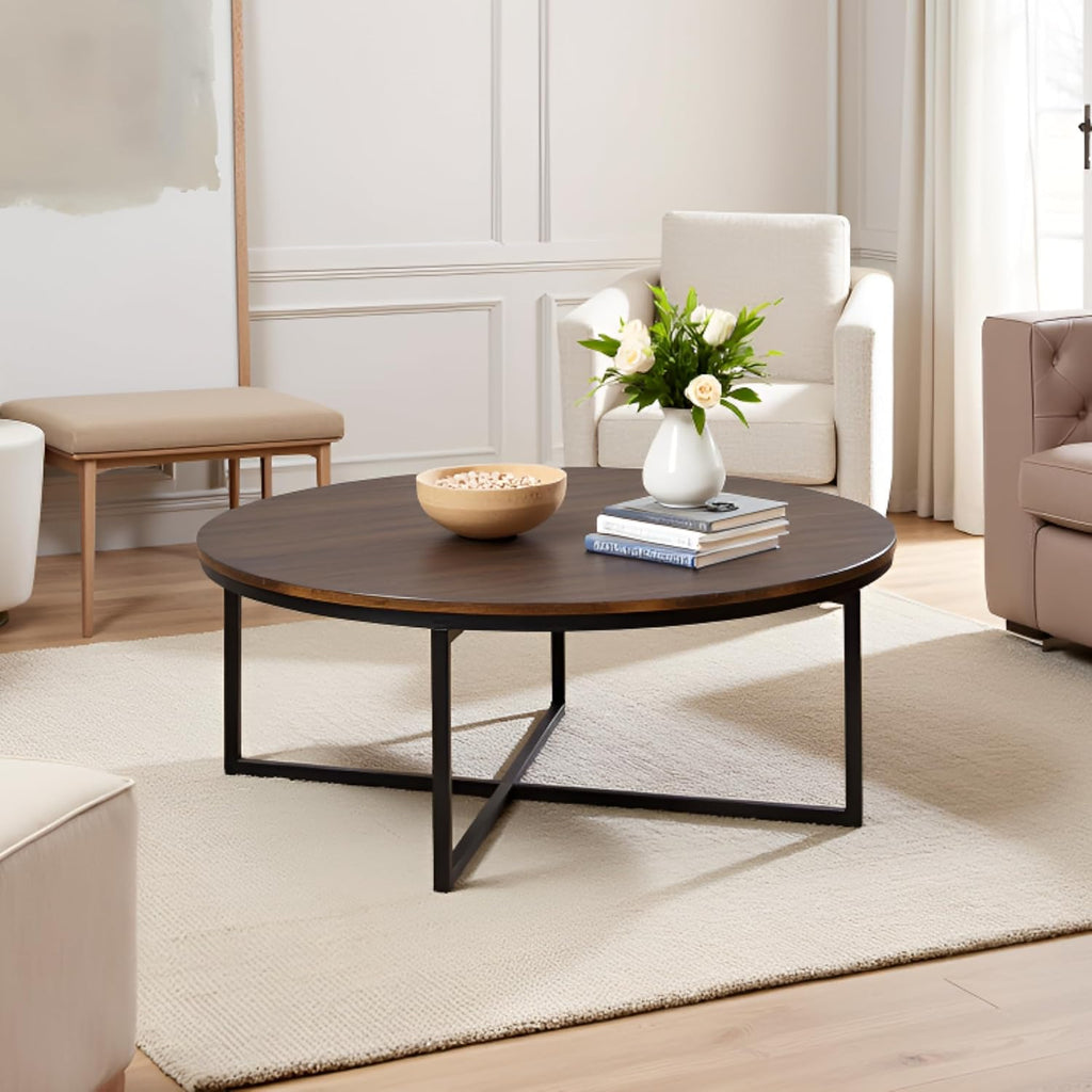 Arcadia 42-Inch Round Acacia Wood Coffee Table – Industrial Living Room Table with Antiqued Mocha Finish and Metal Sled Legs – Ideal Centerpiece for Sectionals and Sofas by Alaterre Furniture