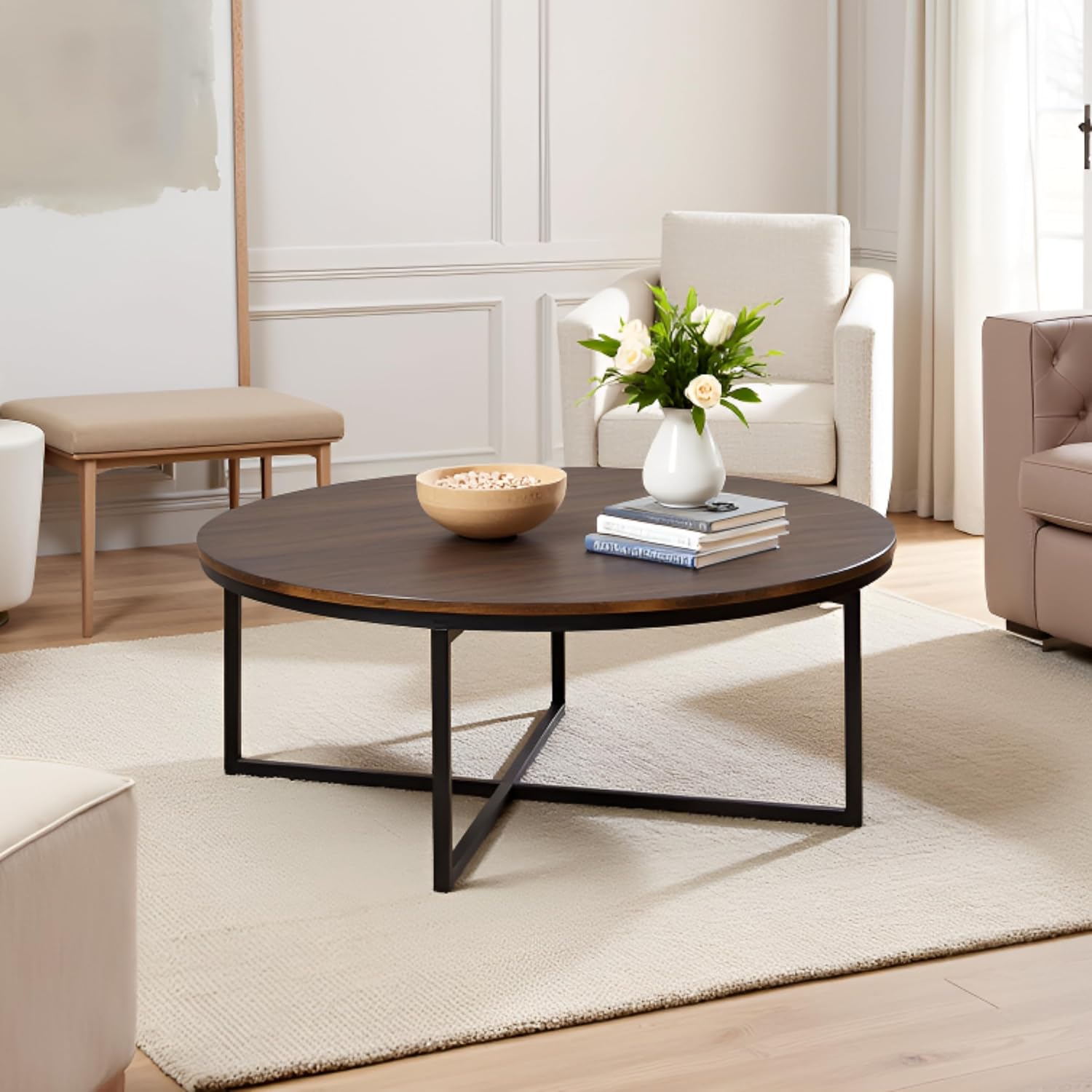 Arcadia 42-Inch Round Acacia Wood Coffee Table – Industrial Living Room Table with Antiqued Mocha Finish and Metal Sled Legs – Ideal Centerpiece for Sectionals and Sofas by Alaterre Furniture