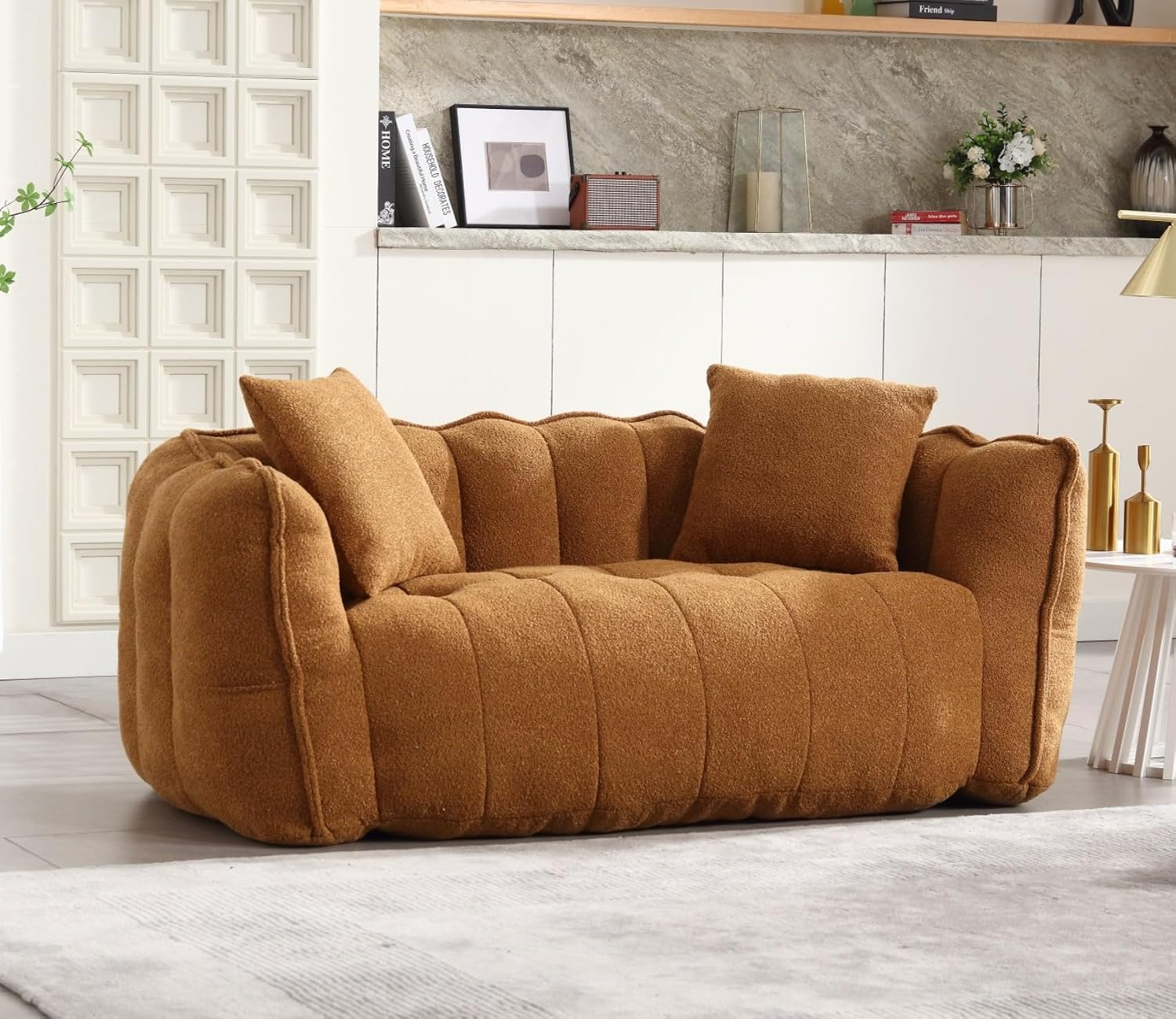 KEIKI Chenille Loveseat Giant Bean Bag Sleeper Sofa Chair, Upholstered Lazy Floor Couch with Pillows, High Resilience Foam Comfy Reading Chaise Lounge Recliner for Living Room Bedroom, Khaki