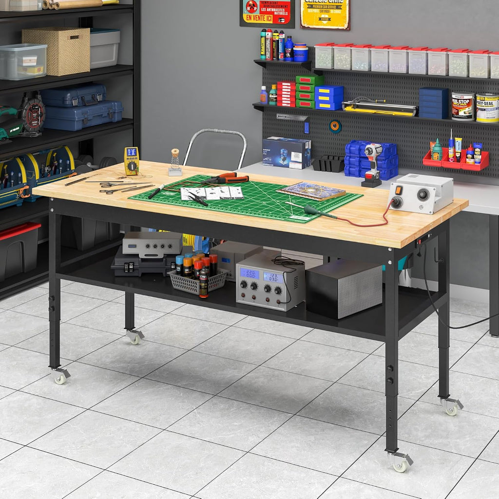 48'/60'' Adjustable Workbench, Rubber Wood Top Work Bench Heavy-Duty Work Table with Power Outlet, Wheels, Partition 2000 LBS Load Capacity Hardwood Work Benches for Garage, Workshop, Home, Office