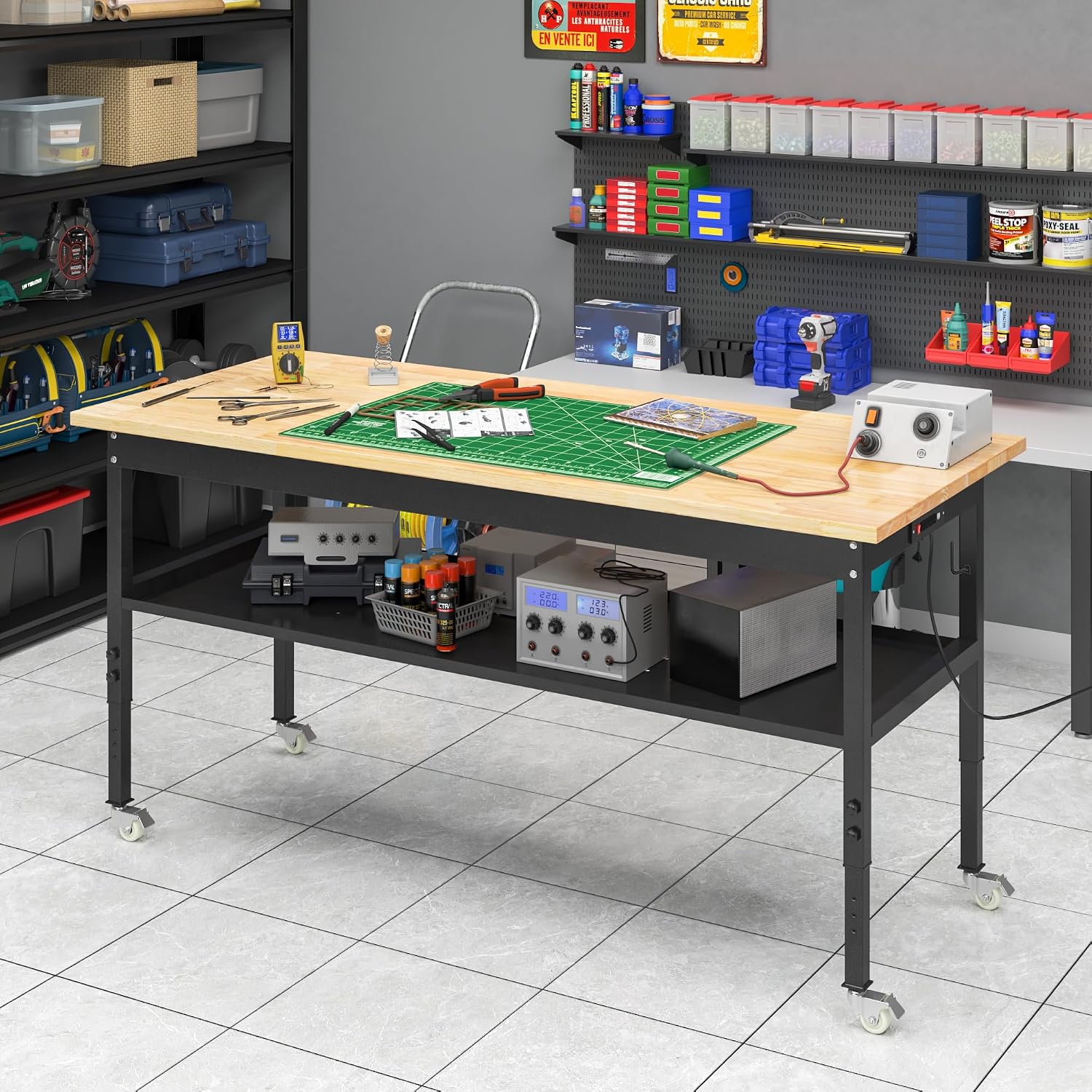 48'/60'' Adjustable Workbench, Rubber Wood Top Work Bench Heavy-Duty Work Table with Power Outlet, Wheels, Partition 2000 LBS Load Capacity Hardwood Work Benches for Garage, Workshop, Home, Office