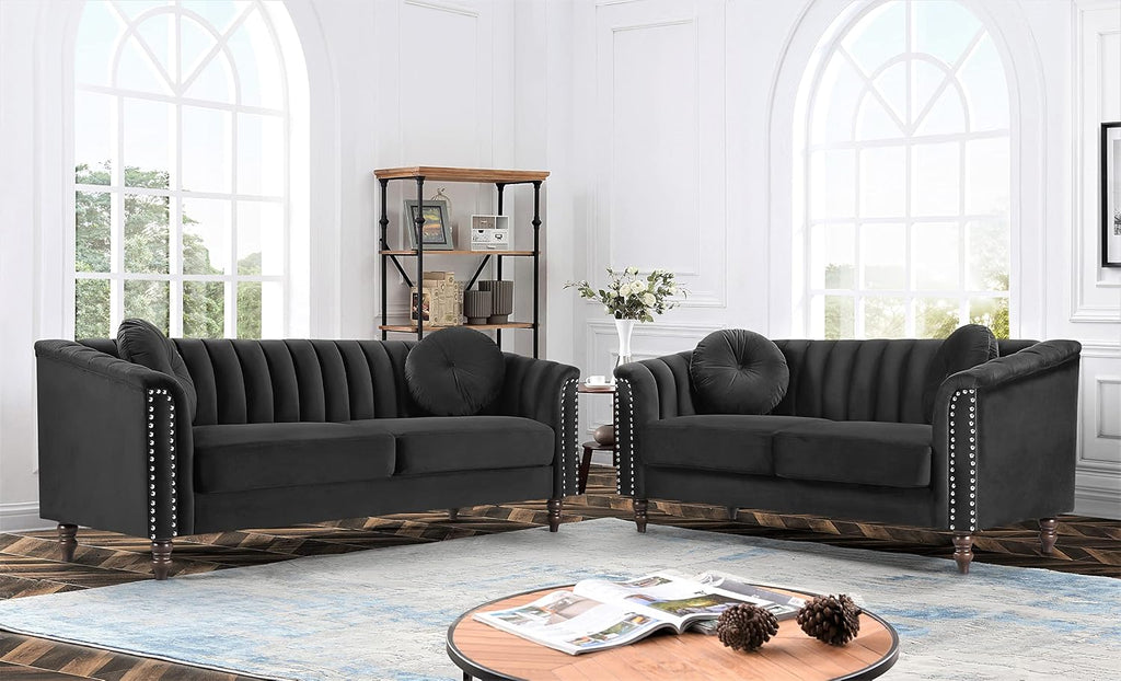 Container Furniture Tufted Velvet Sofa with Removable Cushions and Turned Wood Legs, Elegant Living Room Furniture for The Modern Home, 61.4 Inch Loveseat, Black