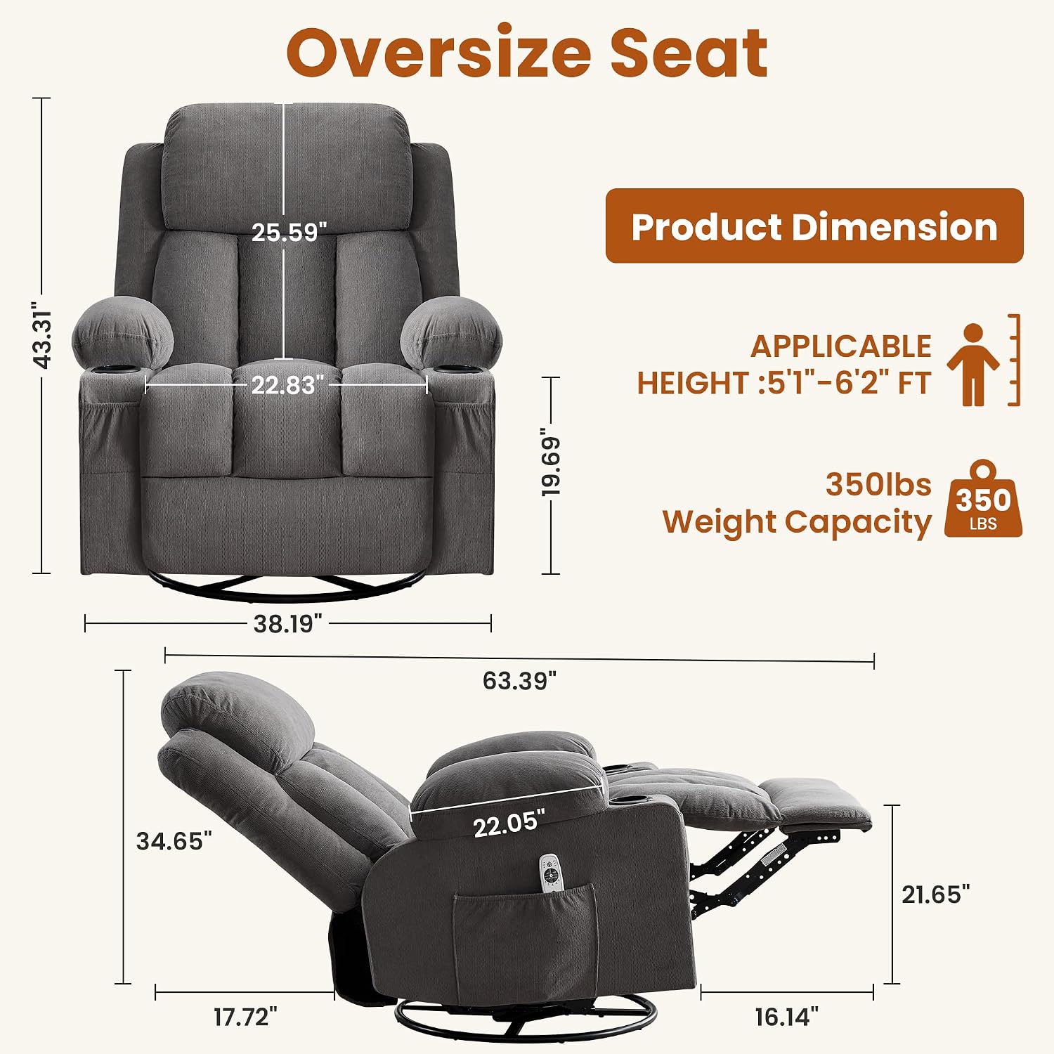 MAHOMICO Swivel Rocker Recliner Chair with Vibration Massage and Heat for Living Room,with Rocking Function and Side Pocket, USB Charge Port,2 Cup Holders