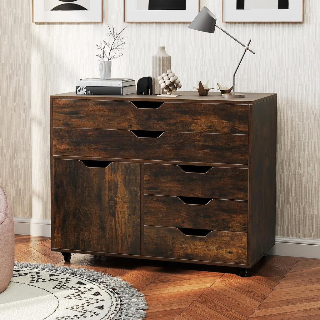 MAT EXPERT 5-Drawer Mobile File Cabinet w/Door, Lateral Filing Cabinet w/5 Universal Wheels, Rolling File Cabinets with Storage, Modern Wood Printer Stand for Home Office, Living Room (Rustic Brown)