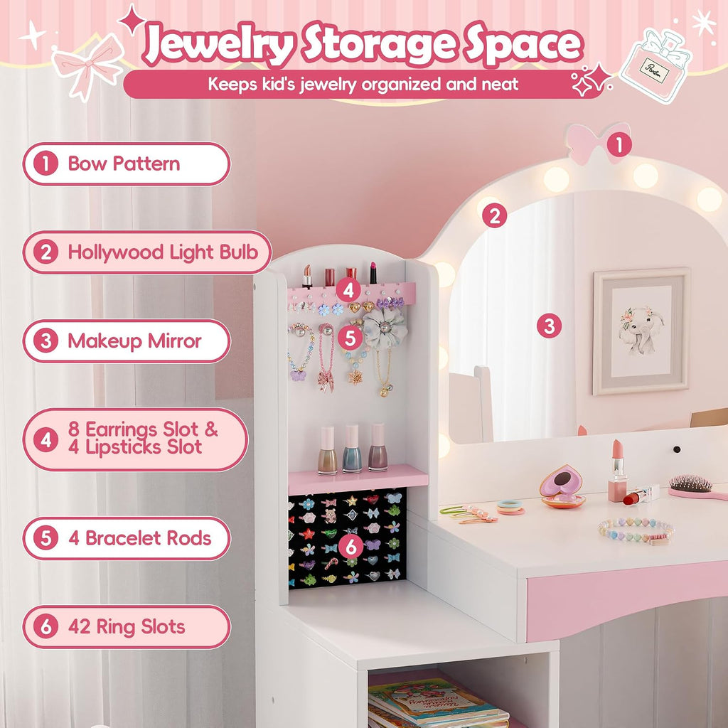 MU Kids Vanity, Girl Vanity Set with Mirror and Chair, 2 in 1 Toddler Makeup Vanity Table with Jewelry Storage, Wooden Princess Makeup Desk Dressing Table for Little Girls, White