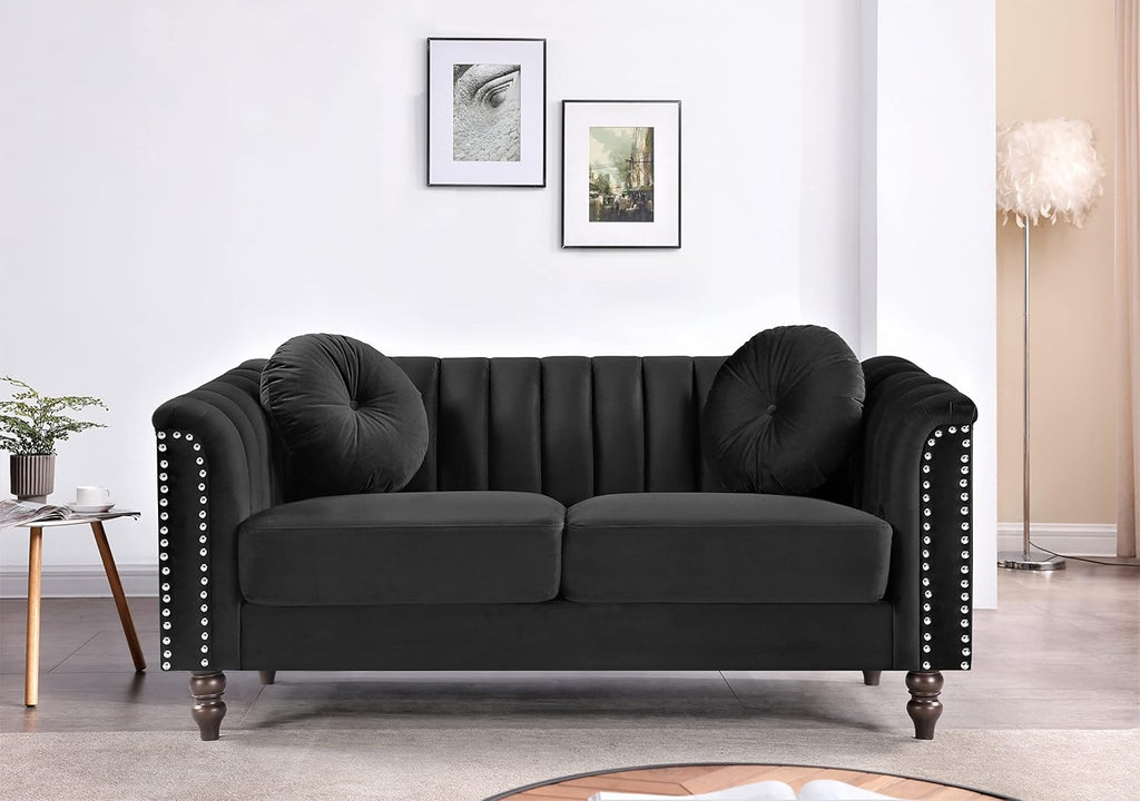 Container Furniture Tufted Velvet Sofa with Removable Cushions and Turned Wood Legs, Elegant Living Room Furniture for The Modern Home, 61.4 Inch Loveseat, Black