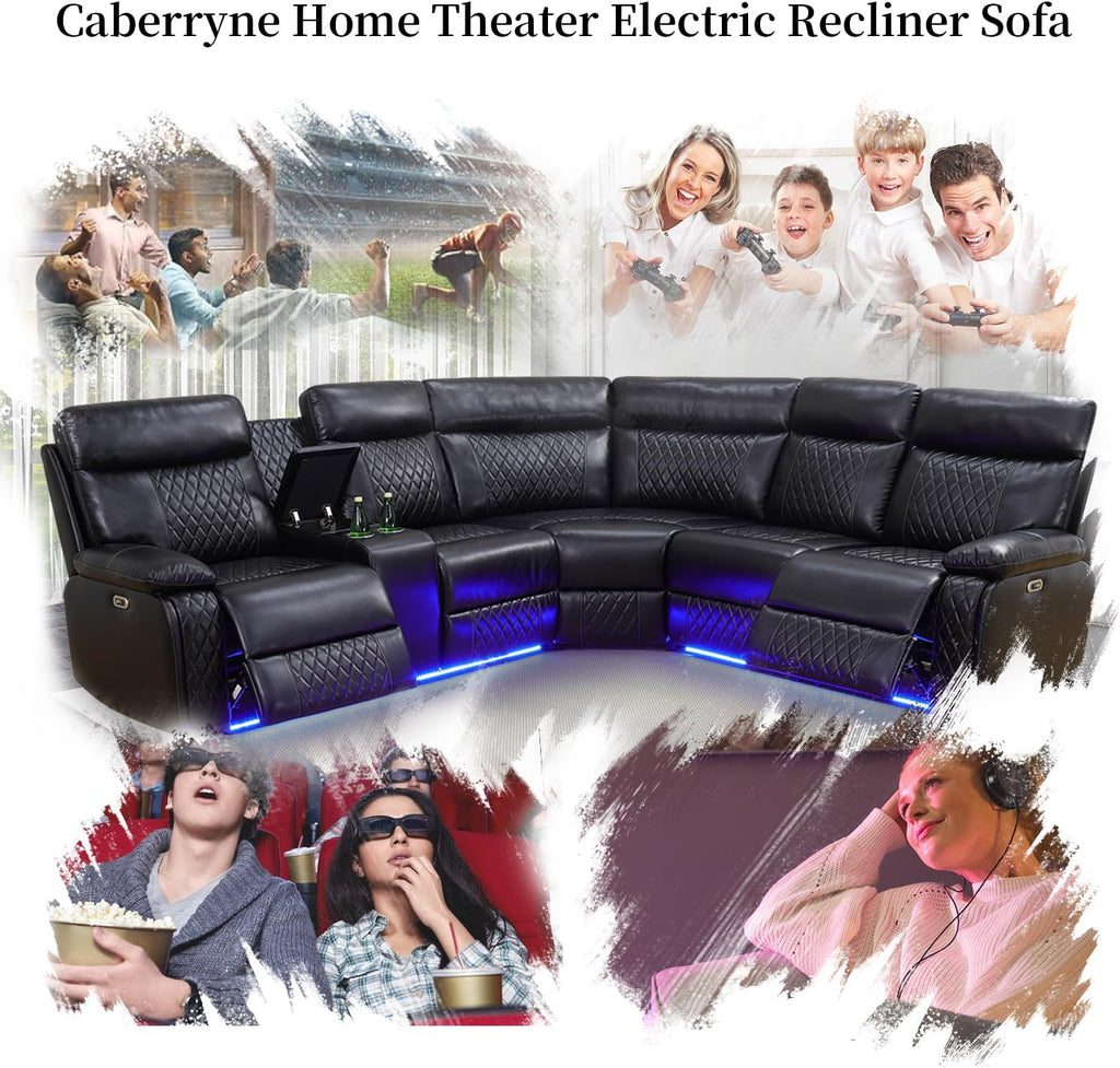 Power Recliner Sofa Sectional Couch with LED Light for Living Room,Leather Reclining Corner Sectional Sofa with 2 Recliner Seats,Cup Holder,Storage Console for House/Home Theater, Black