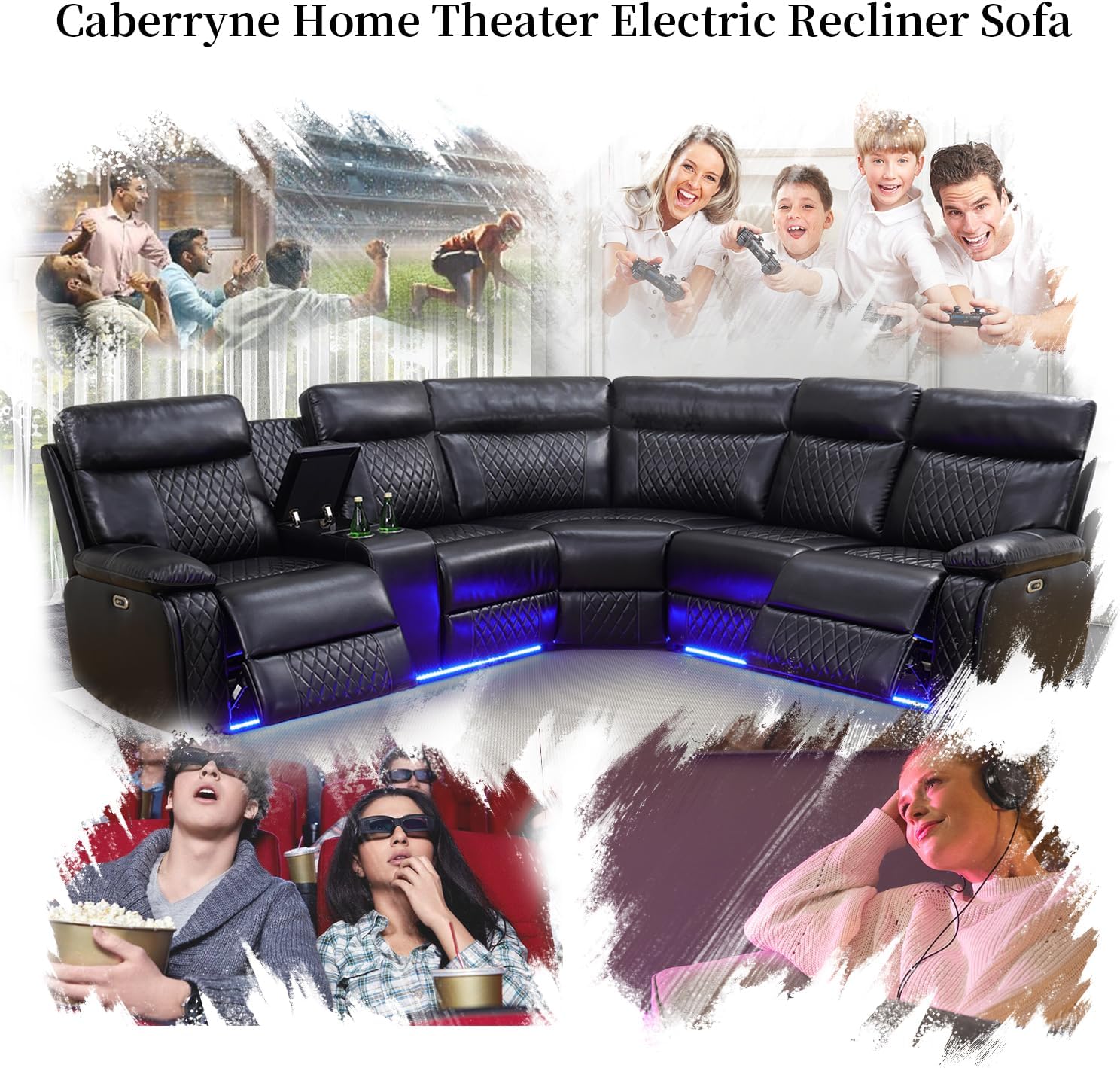 Power Recliner Sofa Sectional Couch with LED Light for Living Room,Leather Reclining Corner Sectional Sofa with 2 Recliner Seats,Cup Holder,Storage Console for House/Home Theater, Black