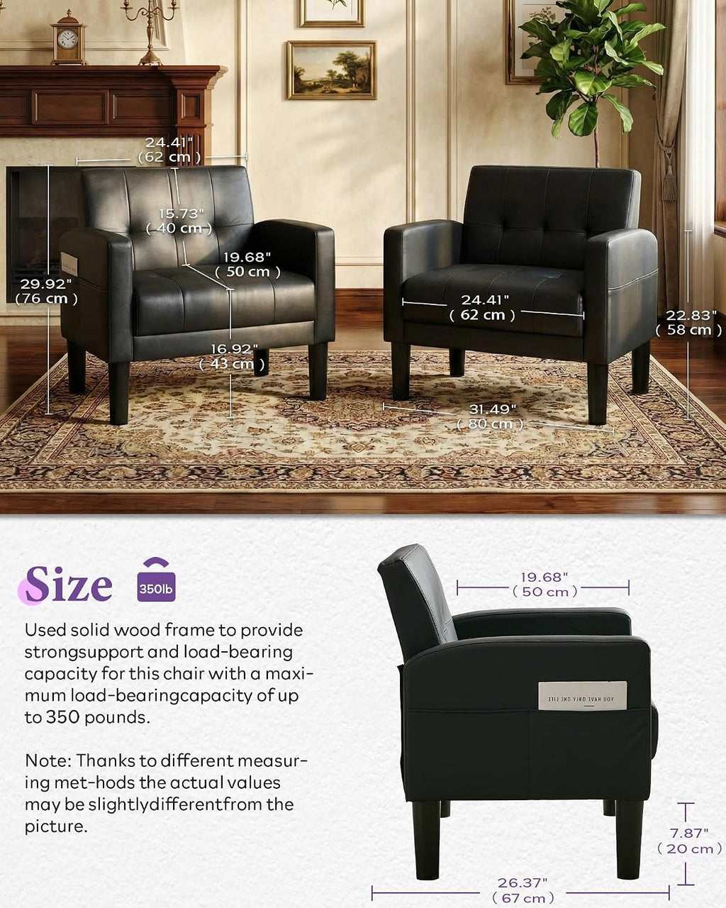 TYBOATLE Accent Chair, Living Room Chairs, Cozy Tufted Mid Century Modern Black Accent Chairs with Arms for Bedroom, Comfy Reading Arm Chair,Small Chairs for Small Spaces,Living Room,Office (1, Black)