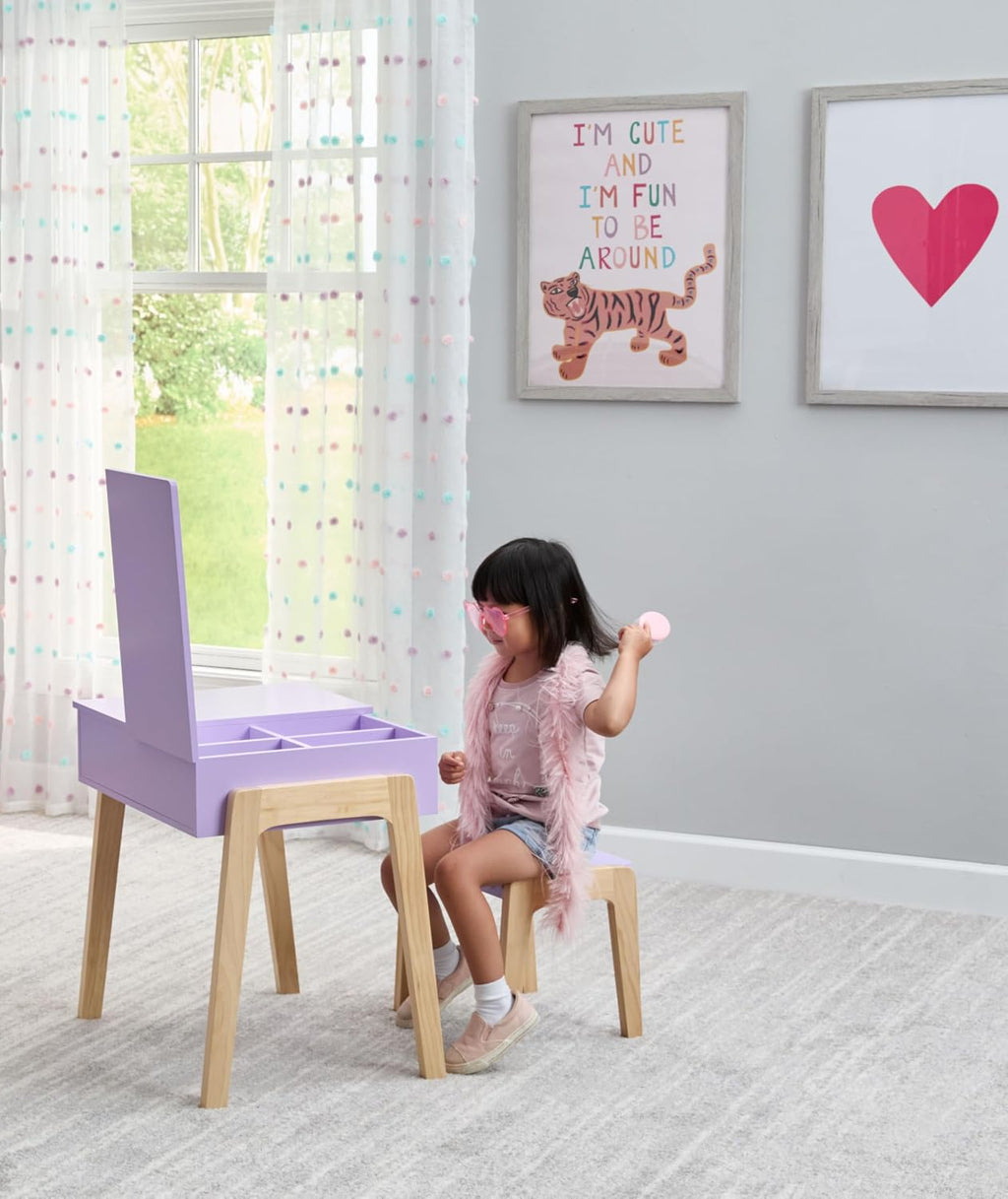 Humble Crew Kids Vanity Set with Mirror, Stool & Storage, Pretend Play Makeup Table with Accessories, Wooden Dress-Up Vanity Desk for Girls Playroom & Bedroom