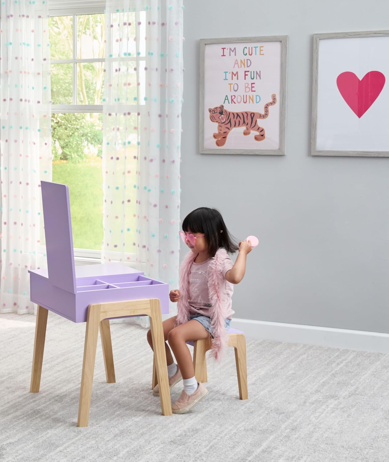 Humble Crew Kids Vanity Set with Mirror, Stool & Storage, Pretend Play Makeup Table with Accessories, Wooden Dress-Up Vanity Desk for Girls Playroom & Bedroom