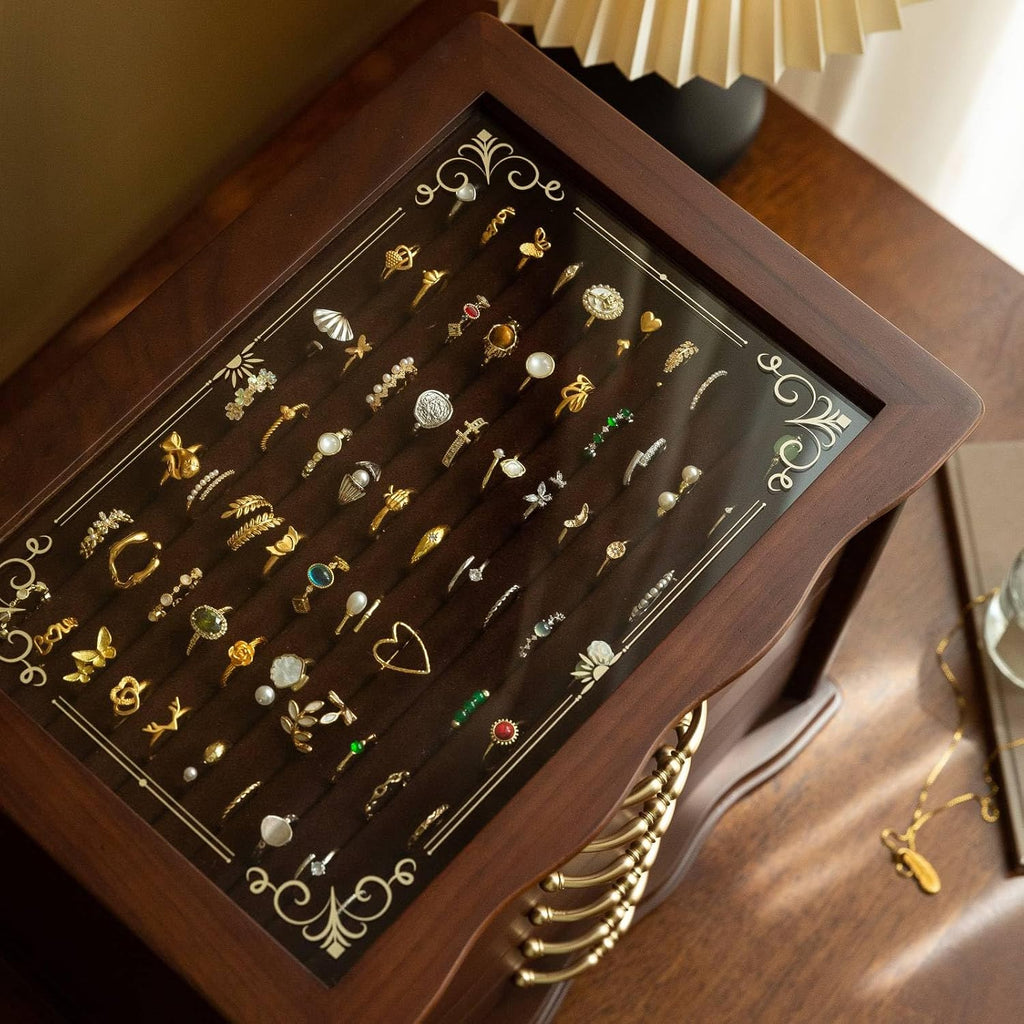 Kinsuite Black Walnet Jewelry Box with Glass Top & 6 Drawers - Handcrafted Vintage Organizer, Gold Hardware, for Necklaces, Rings, Watches - Elegant Display & Storage Chest for Women