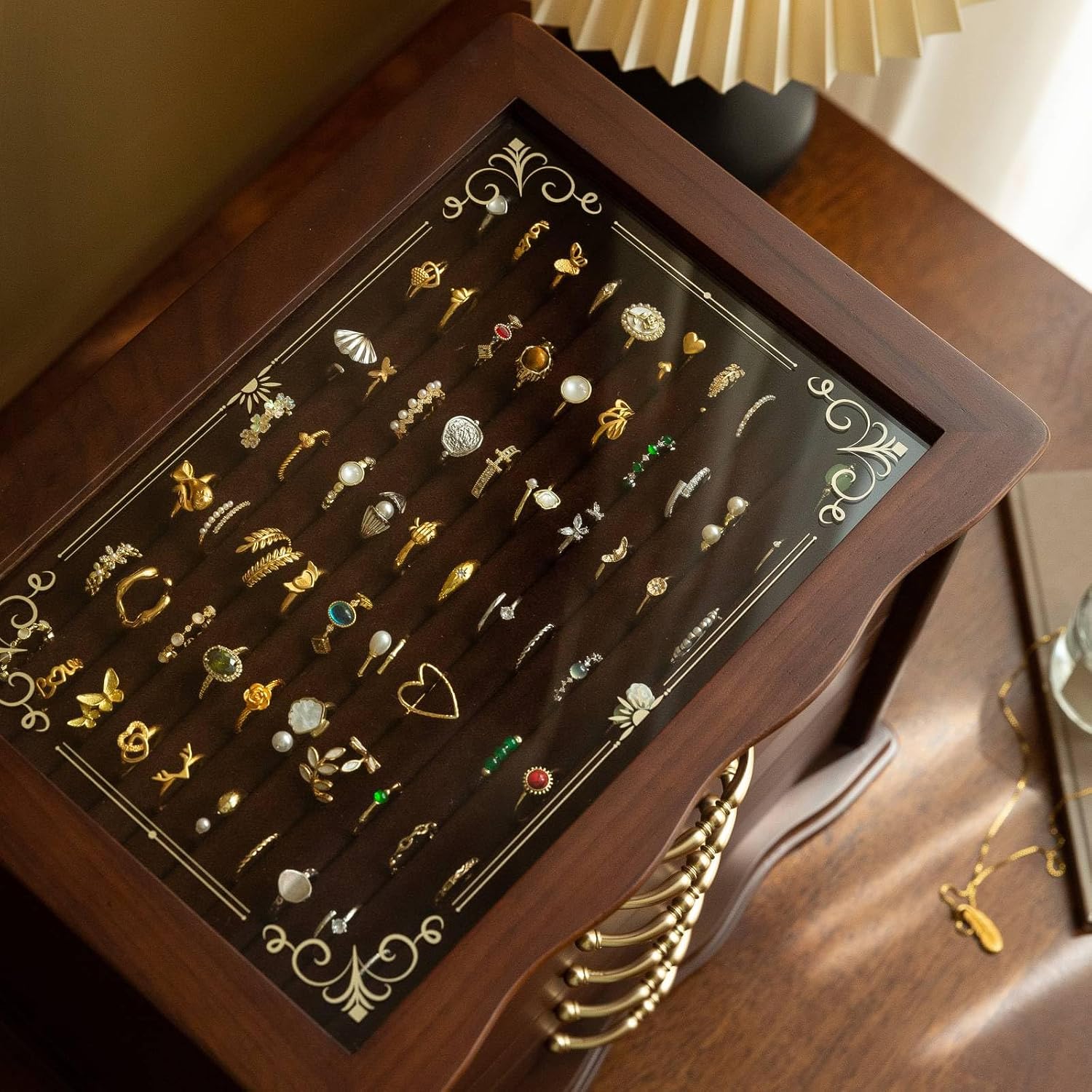 Kinsuite Black Walnet Jewelry Box with Glass Top & 6 Drawers - Handcrafted Vintage Organizer, Gold Hardware, for Necklaces, Rings, Watches - Elegant Display & Storage Chest for Women