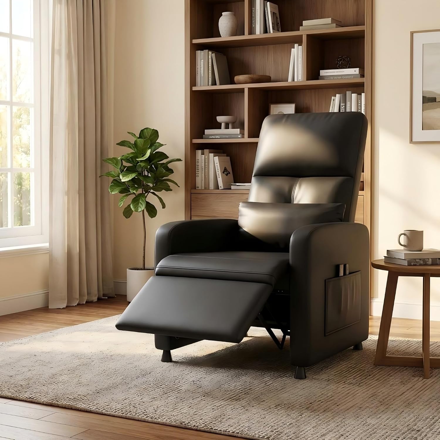 Power Recliner Chair, Electric Recliner with Memory Function & USB Port, Overstuffed PU Leather Living Room Chair with Side Pockets, Ergonomic Home Theater Seating Black