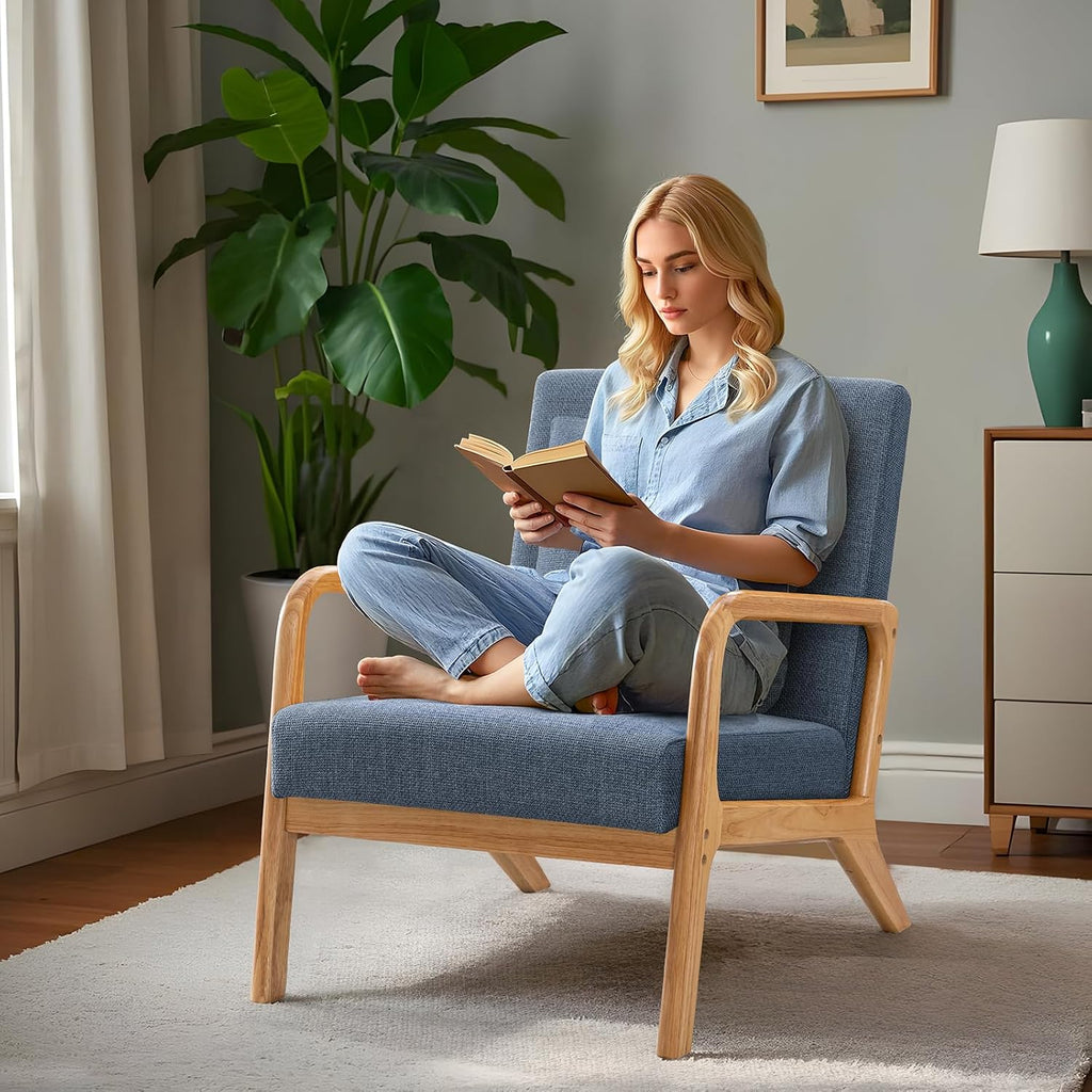 ELUCHANG Mid-Century Modern Accent Chair with Lumbar Pillow,Upholstered Armchair,Linen Fabric Comfy Reading Chair, Lounge Side Chair for Living Room Bedroom Apartment,Easy Assembly(Blue,2pcs)
