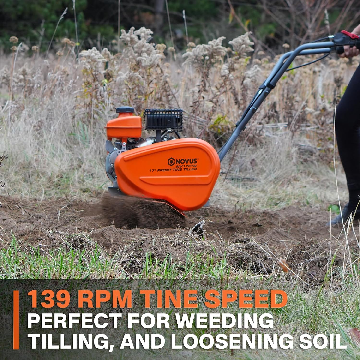 NOVUS 2 in 1 Gas Tiller Cultivator with 79cc 4-Cycle Engine, 9'-17' Tool-Free Tilling Width Adjustment, 24 Steel Tines, Never-Flat Wheels,Front Tine Gardon Tiller for Lawn, Field Soil Cultivation