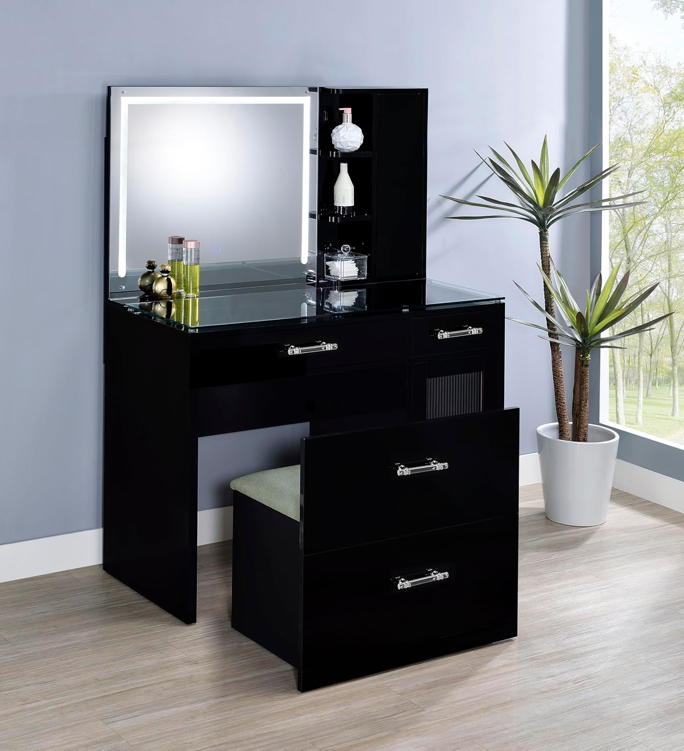Coaster Home Furnishings Flora 2-Drawer Vanity Set with Led Mirror Black High Gloss