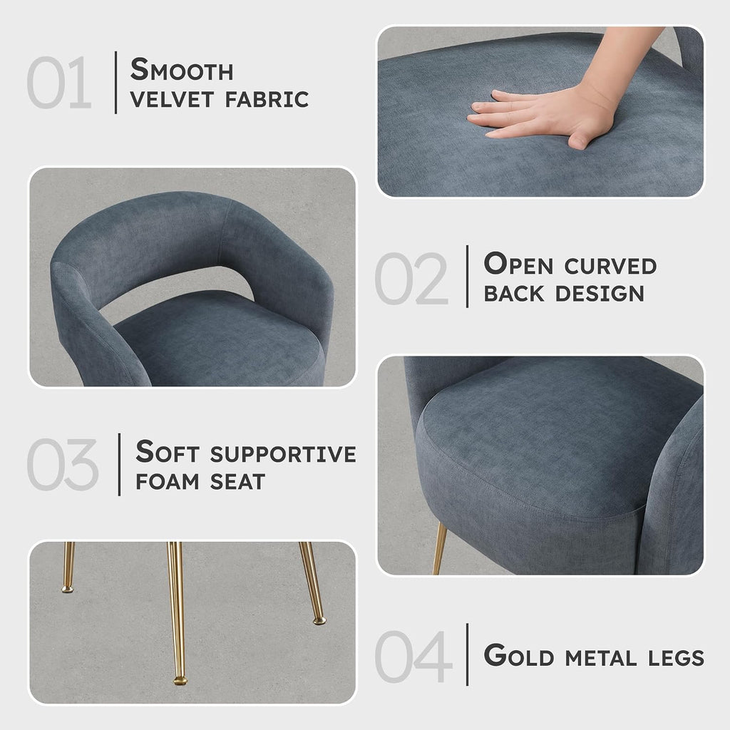 Lexicon Mid-Century Modern Velvet Accent Chair with Open Back, Gold Metal Legs, Upholstered Curved Barrel Armchair for Living Room/Bedroom/Office, Easy Assembly, Dark Gray