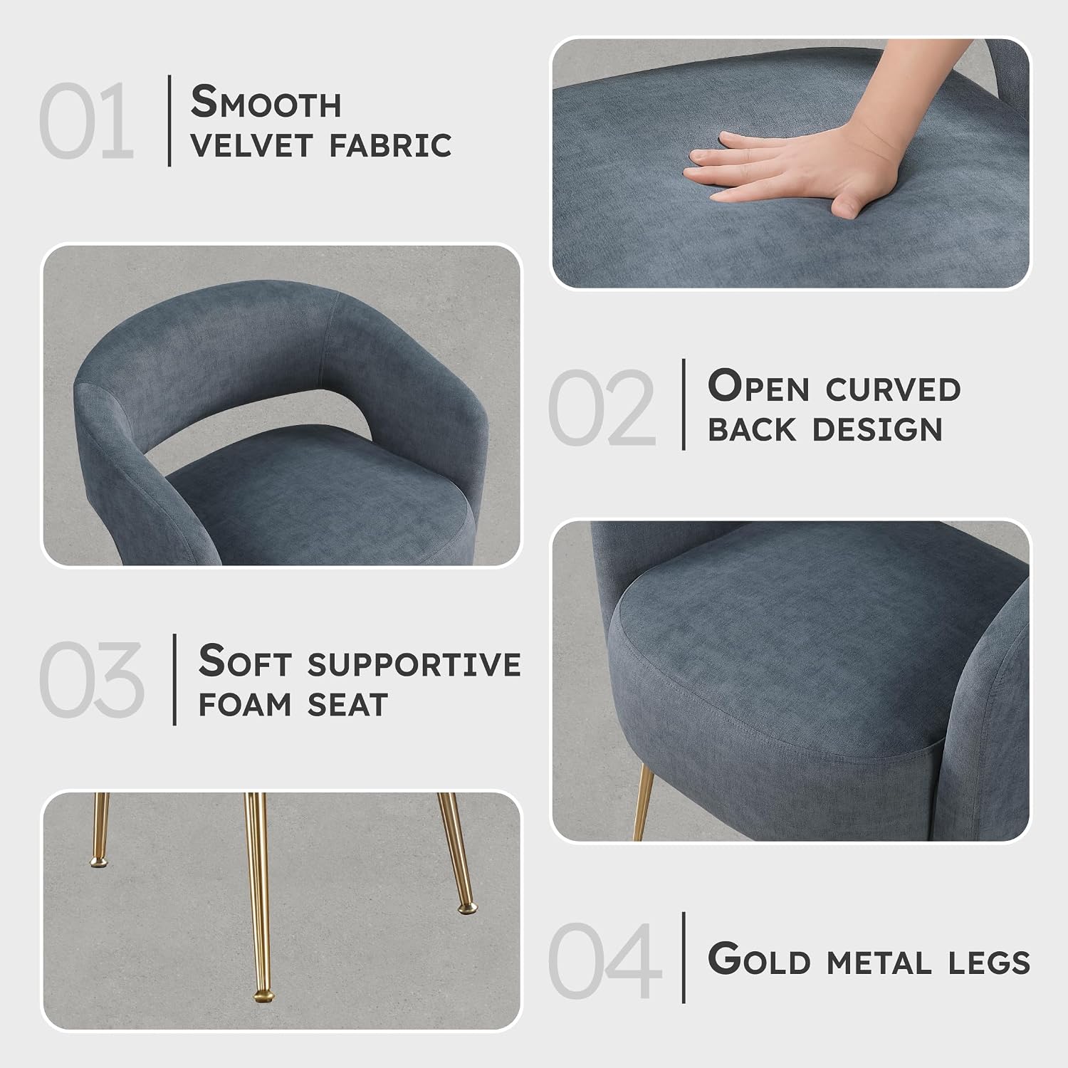 Lexicon Mid-Century Modern Velvet Accent Chair with Open Back, Gold Metal Legs, Upholstered Curved Barrel Armchair for Living Room/Bedroom/Office, Easy Assembly, Dark Gray