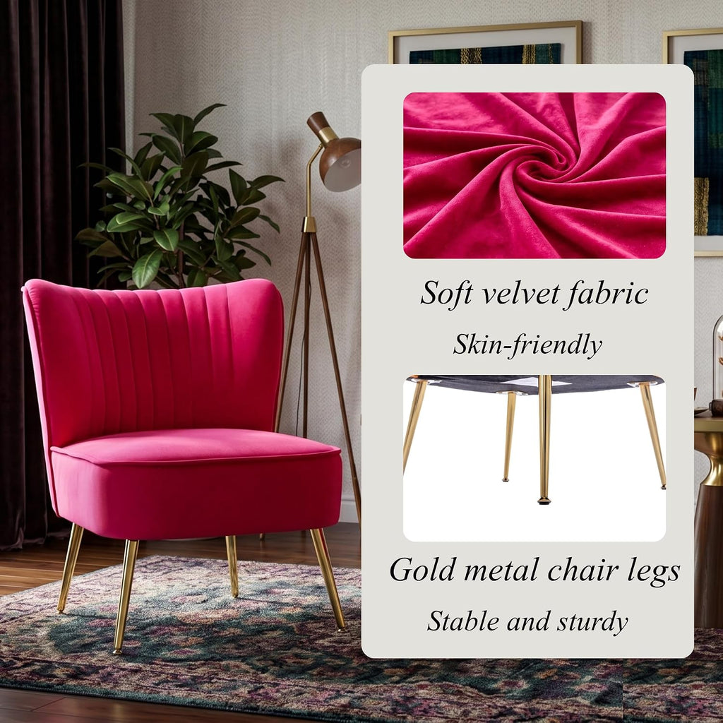 Velvet Accent Chair Set of 2 Comfy Living Room Chair Armless Slipper Chair Mid Century Side Single Sofa Chair with Golden Legs Wingback for Bedroom Guest Room, Hot Pink