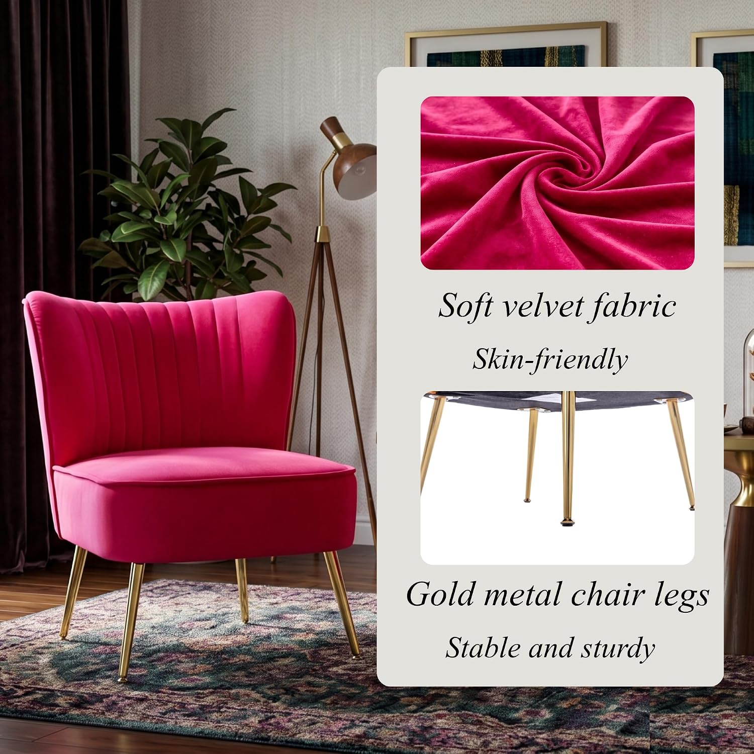 Velvet Accent Chair Set of 2 Comfy Living Room Chair Armless Slipper Chair Mid Century Side Single Sofa Chair with Golden Legs Wingback for Bedroom Guest Room, Hot Pink