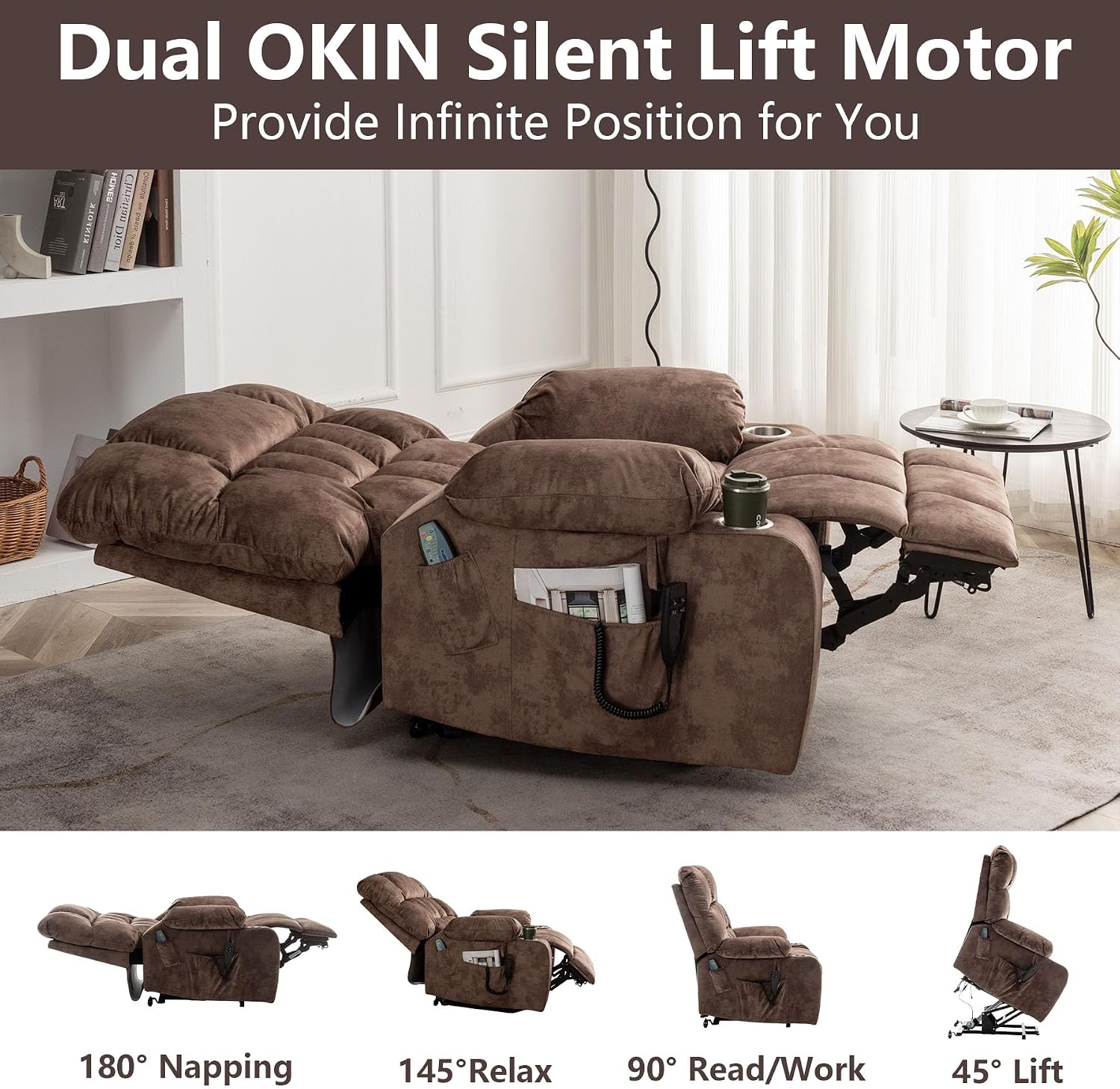 Oversized Power Recliner Chair for Big and Tall 400 LBS, 25.5' Extra Wide Electric Lift Chair with Heat and Massage, Dual Motor 180° Lay Flat Recliner Living Room Sofa, Velvet Big Lift Recliner