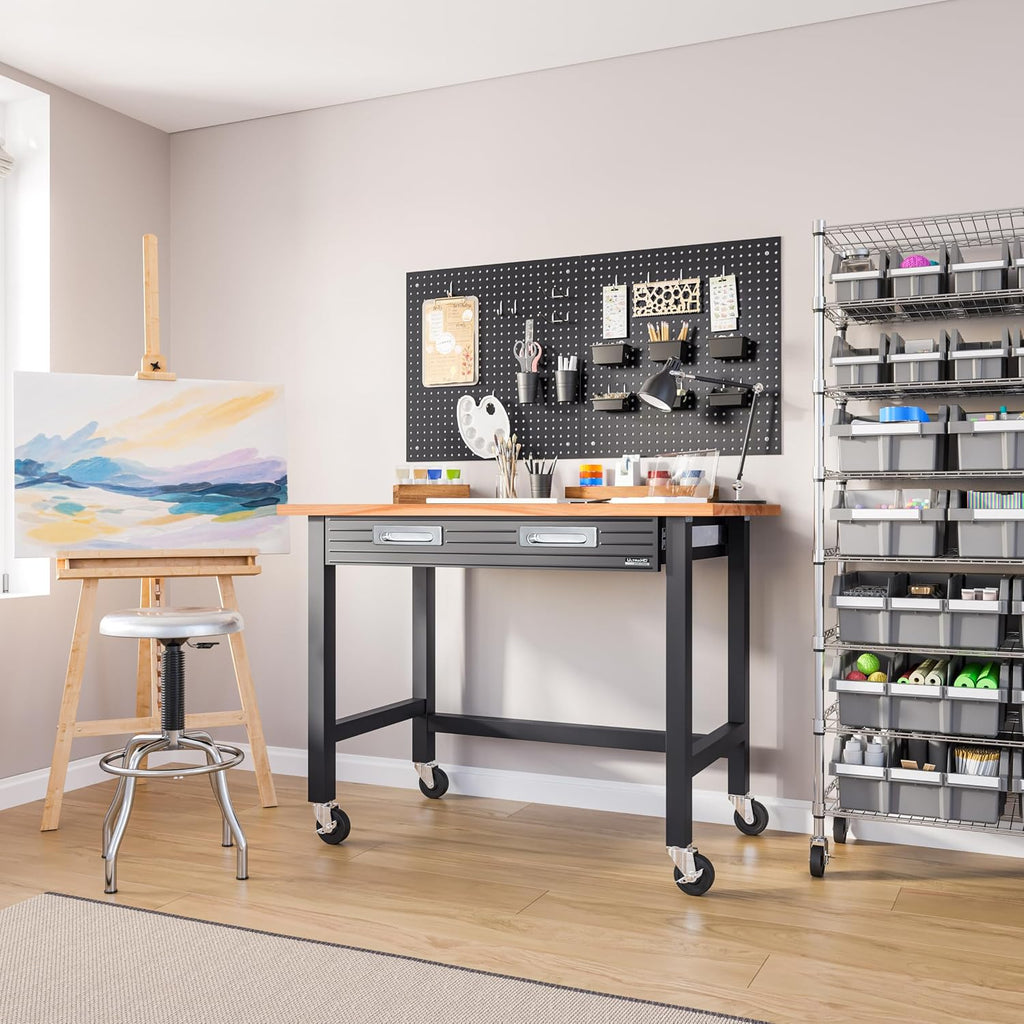 Seville Classics UltraGraphite Wood Top Workbench on Wheels with Sliding Organizer Drawer Table, 48', Graphite