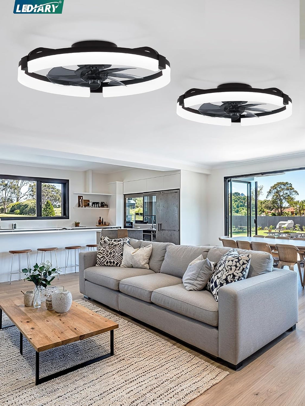 LEDIARY 2 Pack 20' Ceiling Fans with Lights and Remote, Low Profile Ceiling Fan, 3 CCT, Stepless Dimmable, Fandelier Flush Mount Fan Light, 6 Speeds, DC Motor, App & Remote Control for Bedroom(Black)