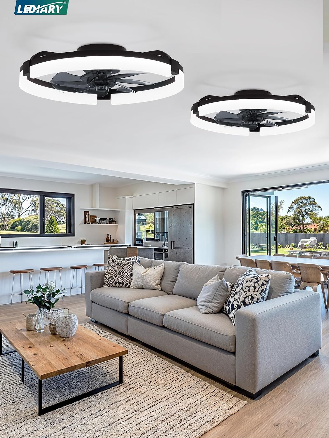 LEDIARY 2 Pack 20' Ceiling Fans with Lights and Remote, Low Profile Ceiling Fan, 3 CCT, Stepless Dimmable, Fandelier Flush Mount Fan Light, 6 Speeds, DC Motor, App & Remote Control for Bedroom(Black)