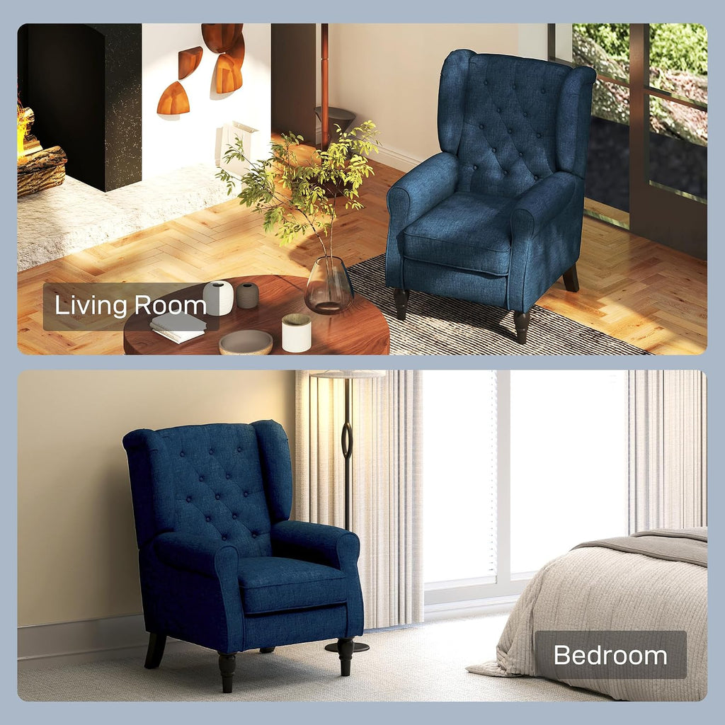 HOMCOM Mid-Century Modern Accent Chair, High Wingback Reading Chair, Button-Tufted Upholstered Fabric Armchair with Retro Wood Legs for Apartment, Living Room, Bedroom, Blue