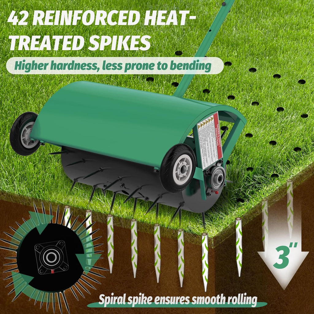 24 Inch Rolling Lawn Aerator, Heavy Duty Manual Aerator Tool, Up to 70 lbs, Push Spike Aeration Tool with 42 Spikes, Suitable for Lawns, Garden, and Yard Grass Aeration [Green]