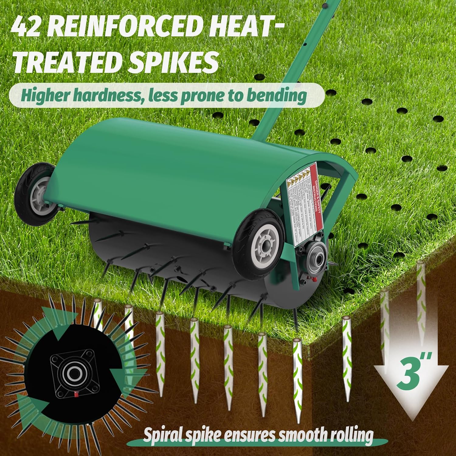 24 Inch Rolling Lawn Aerator, Heavy Duty Manual Aerator Tool, Up to 70 lbs, Push Spike Aeration Tool with 42 Spikes, Suitable for Lawns, Garden, and Yard Grass Aeration [Green]
