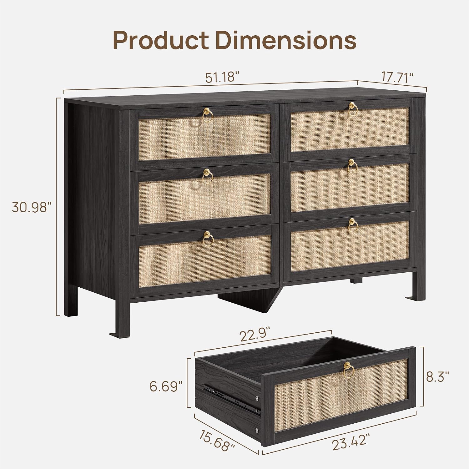 SICOTAS 6 Drawer Dresser for Bedroom - 51' Wide Rattan Dressers Chest of Drawers for Closet, Larger Storage Cabinet Farmhouse Boho Dresser TV Stand for Living Dining Room, Hallway, Black