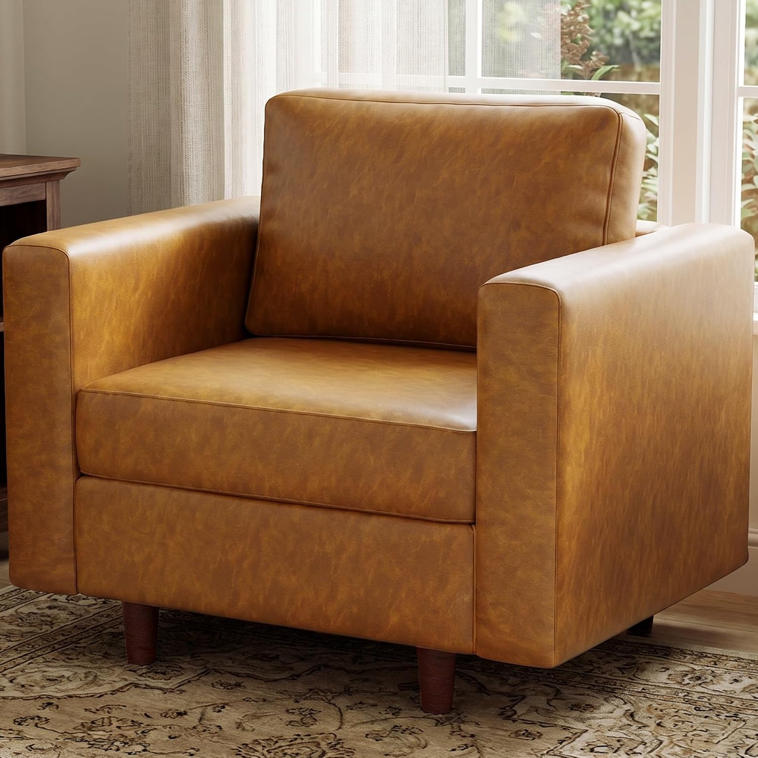ABCASA Faux Leather Oversized Accent Chair with Storage Deep Seat Single Sofa Large Reading Armchair for Living Room Bedroom Office Brown