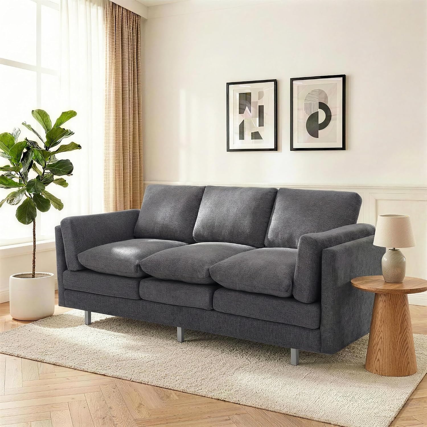 Christopher Knight Home Vincenzo 79.5' Sectional Sofa, 3 Seater Couch, Chenille Upholstered Sofa Chair, Metal Legs Couch, Dual-Layer Cushions Armchair, Comfort Seating for Reading Living Room, Gray