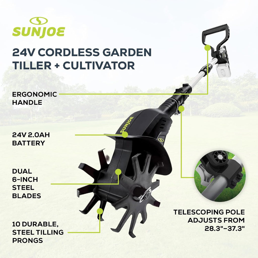 Sun Joe 24V-TLR-LTE 24-Volt Amp Cordless Garden Tiller + Cultivator, Kit (w/2.0-Ah Battery + Quick Charger)