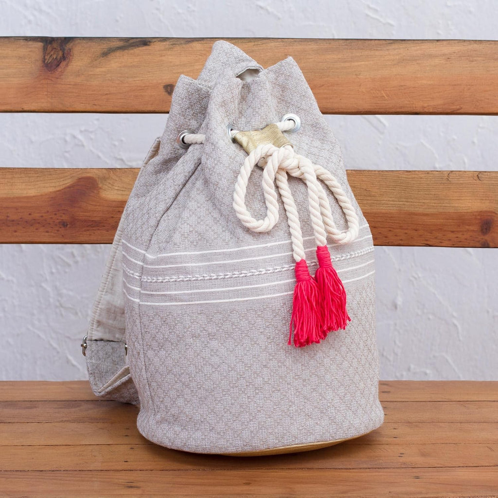 NOVICA Artisan Handcrafted Cotton Backpack Striped Drawstring Mexico Handbags Beige Backpacks Patterned Woven ' Day Trip Dream'