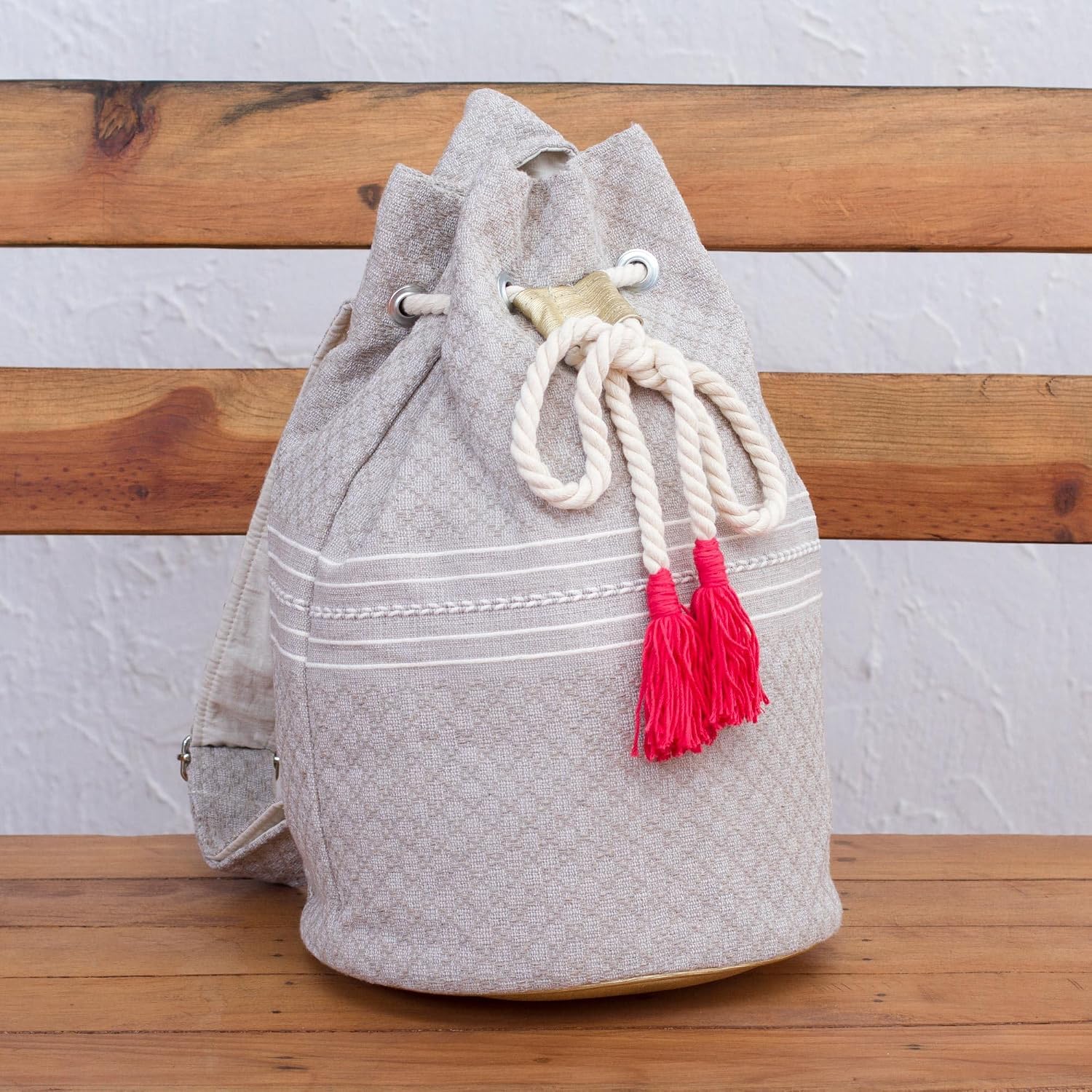 NOVICA Artisan Handcrafted Cotton Backpack Striped Drawstring Mexico Handbags Beige Backpacks Patterned Woven ' Day Trip Dream'