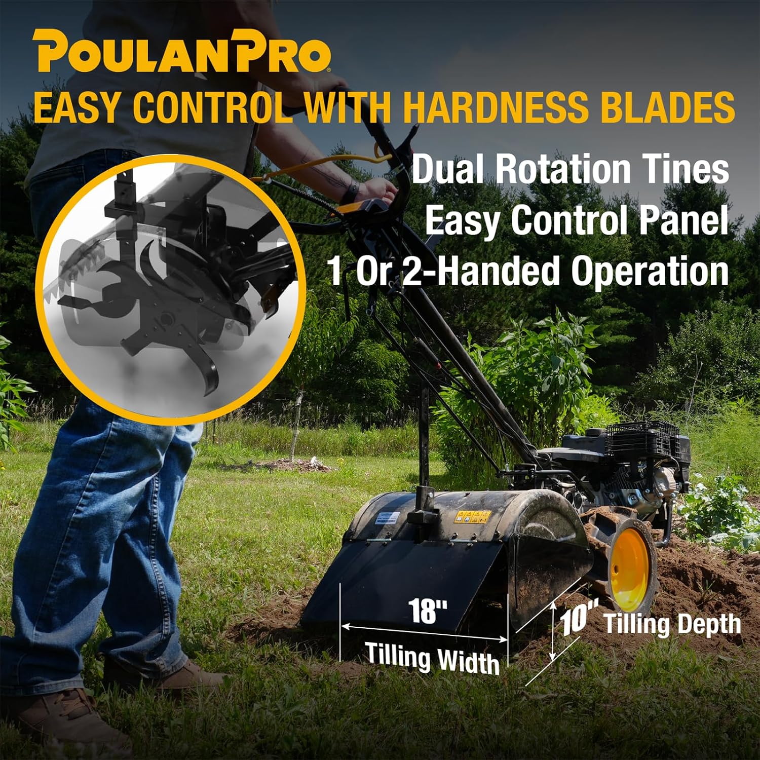 Poulan Pro Dual Direction Rear Tine Tiller, 212cc 4 Cycle Gas Engine, Full Gear Transmission, Dual Rotating Tines, Airless Tires, Instant Reverse 18 Inch Gas Tiller for Gardon and Farm