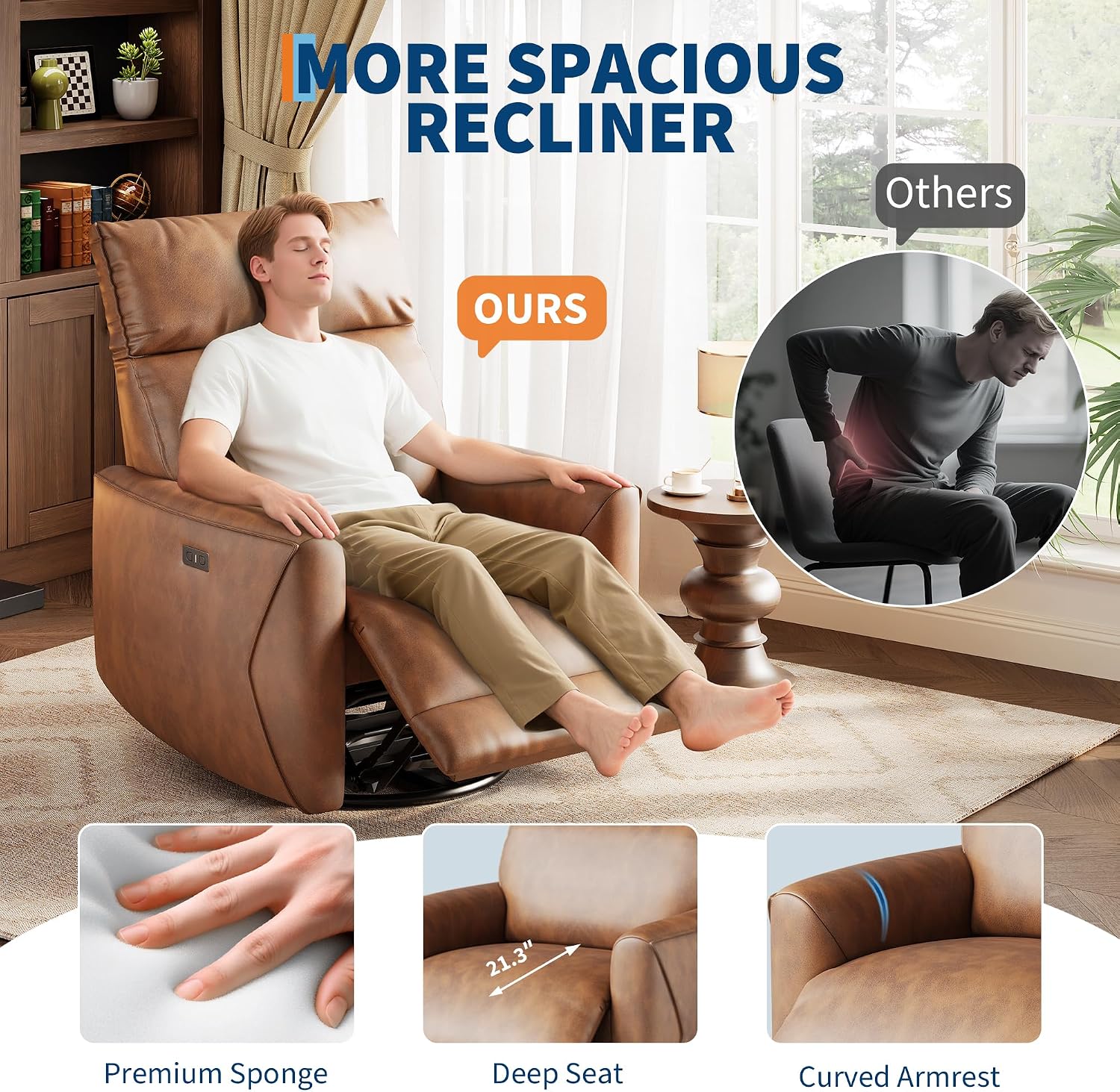 GarveeHome Power Recliner Chair, 270° Swivel Rocking Glider with USB Charging Port, PU Leather Upholstered Fabric, Ergonomic Modern Nursery Chair for Living Room, Bedroom, Nursery (Camel)