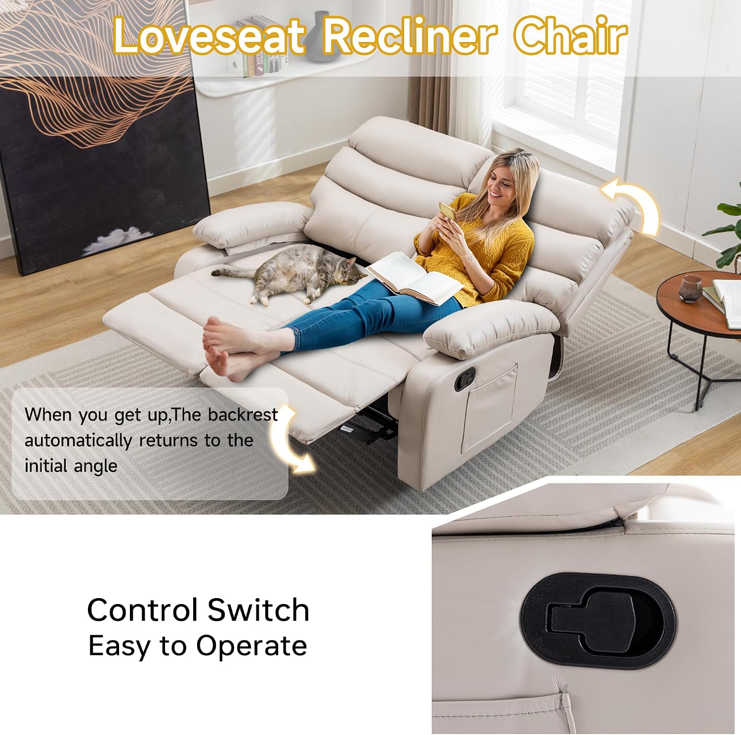 Double Recliner Loveseat, Leather Reclining Loveseat, 2 Recliners Set, Wall Hugger Loveseat Recliner Sofa for Living Room, RV, Home Theater Seating(Beige, 2 Seater Sofa)