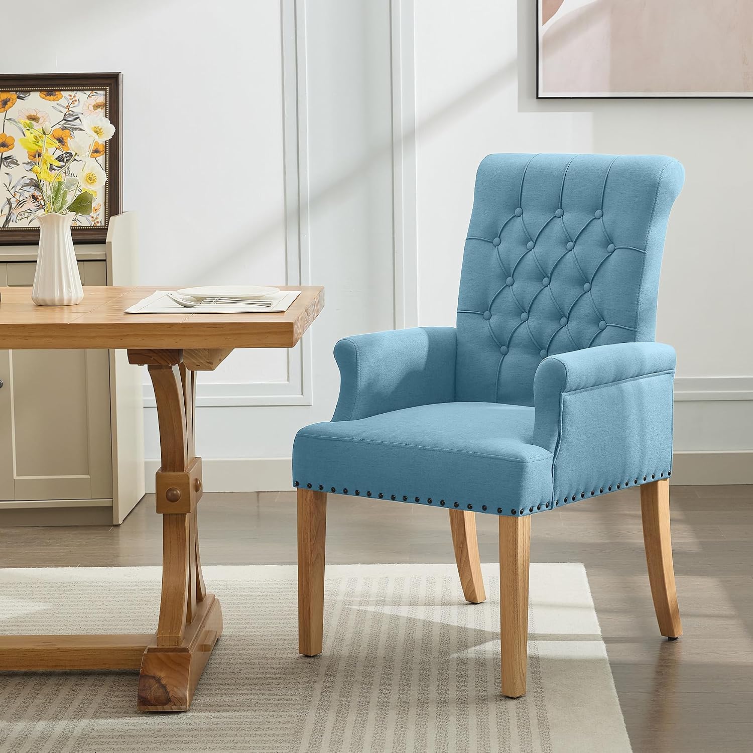 WUTUTUEE Fabric Dining Chair with Arms, Upholstered Tufted High Back Dining Room Chairs, Accent Armchair with Solid Wood Leg and Nailhead Trim, Kitchen Dining Living Room, Blue