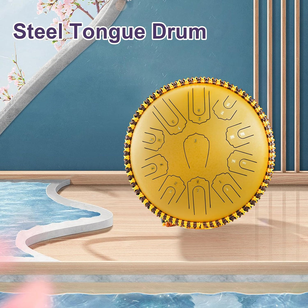 Generic Steel Tongue Drum 15 Inch 21 Notes - C Major Handpan Drum with Drum Mallets for Meditation Yoga Beginners Majors Family Friends Handpan Drum（Gold）
